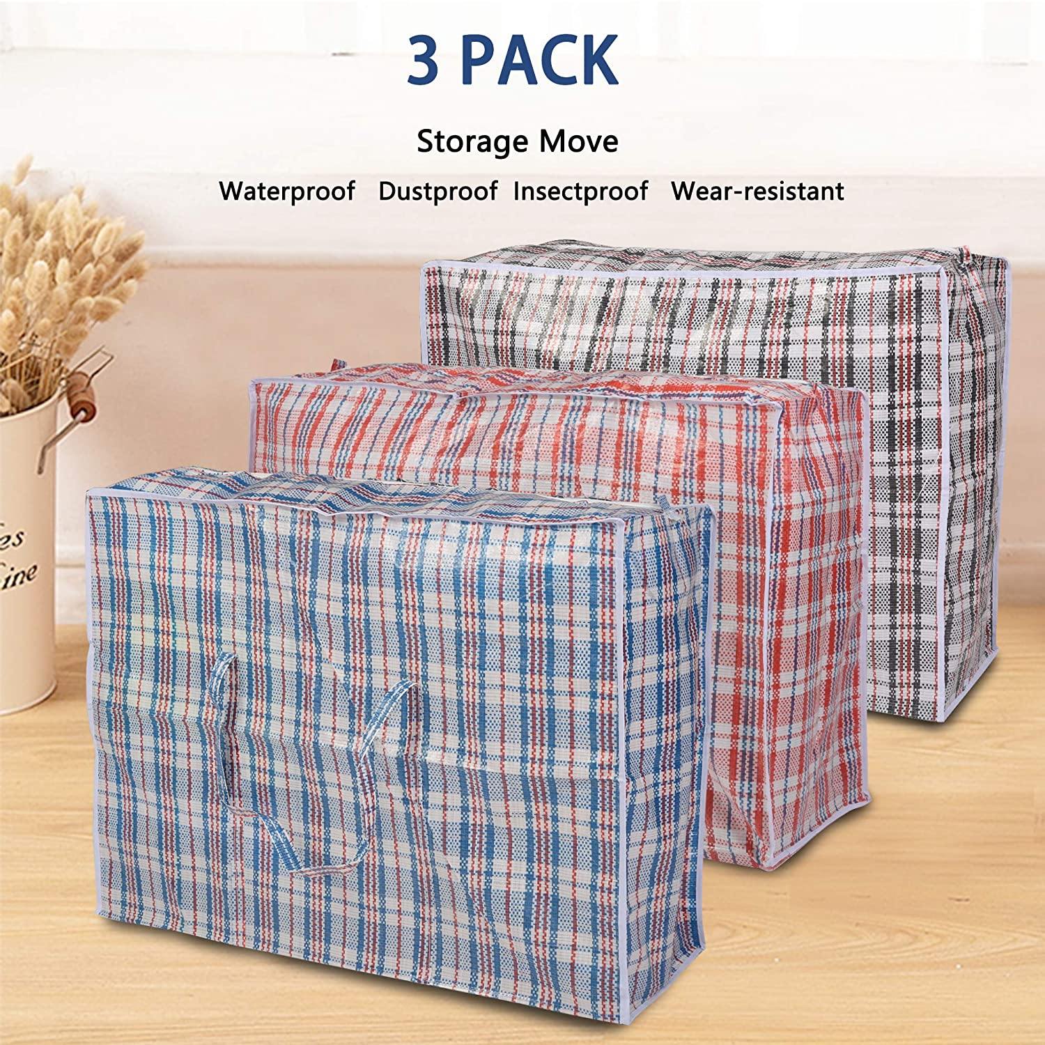 Portable Extra-Large Set of 3 Plastic Checkered Storage Reusable Laundry Shopping Bags with Zipper & Handles Size 31" x 11" x 24" - Bosonshop