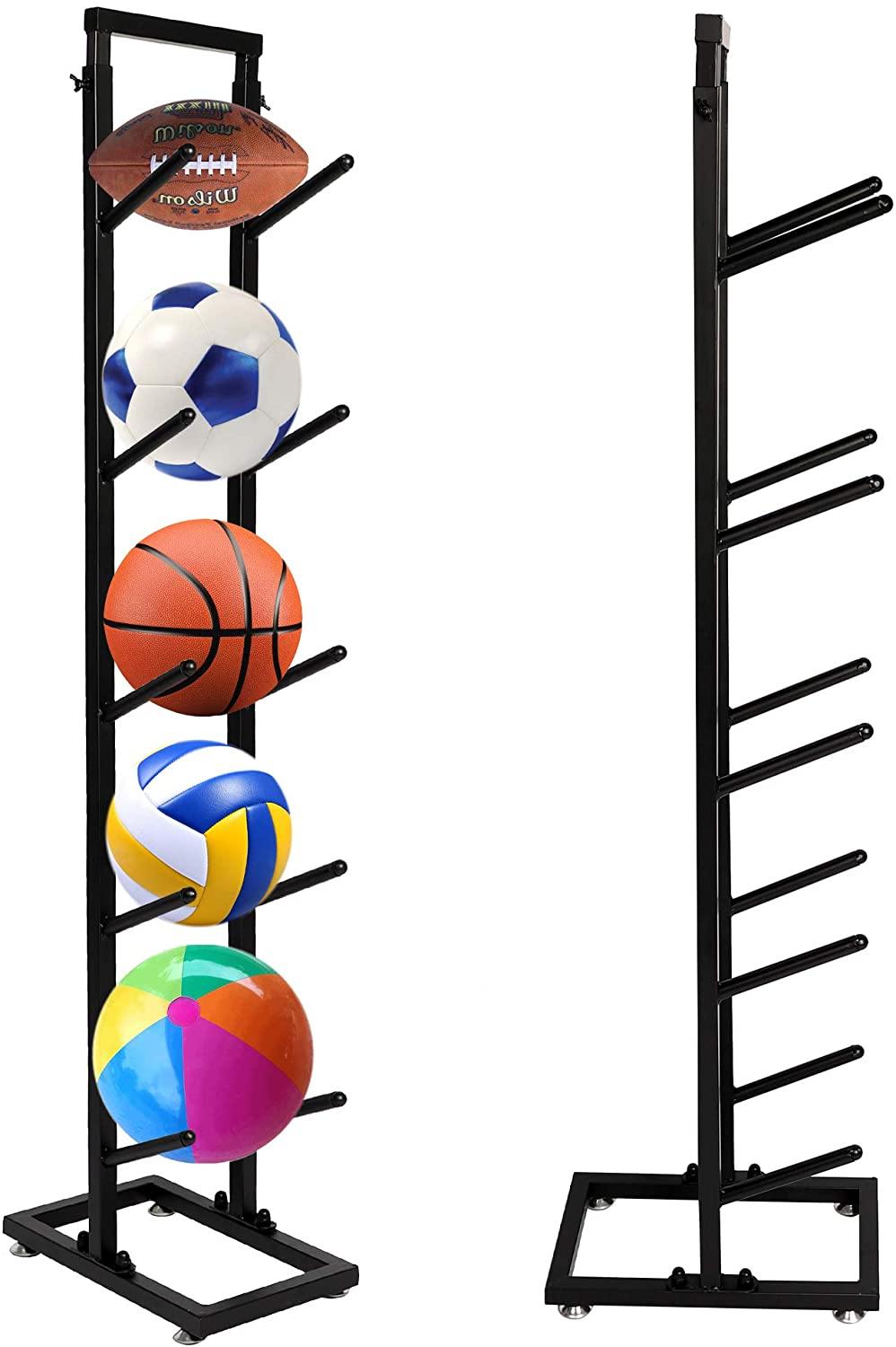 Ball Storage Rack 5-Layer Basketball Holder Shelf Sports Equipment Organizer Iron Black 15.8" X 9.9" X 61" - Bosonshop