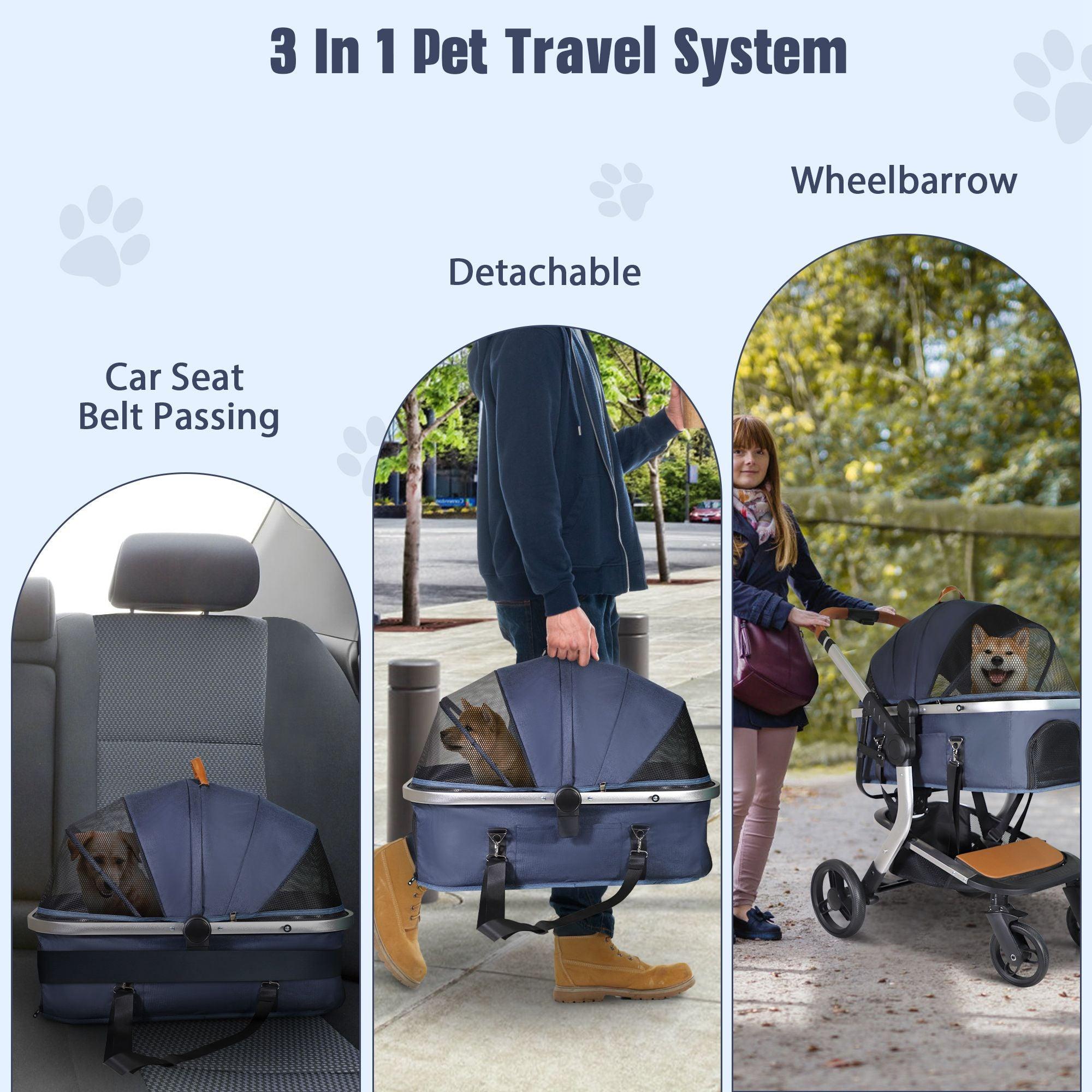 3 in 1 Foldable Aluminum Alloy Frame Pet Stroller with Detachable Carrier & Cup Holder, Up to 33 lbs - Bosonshop