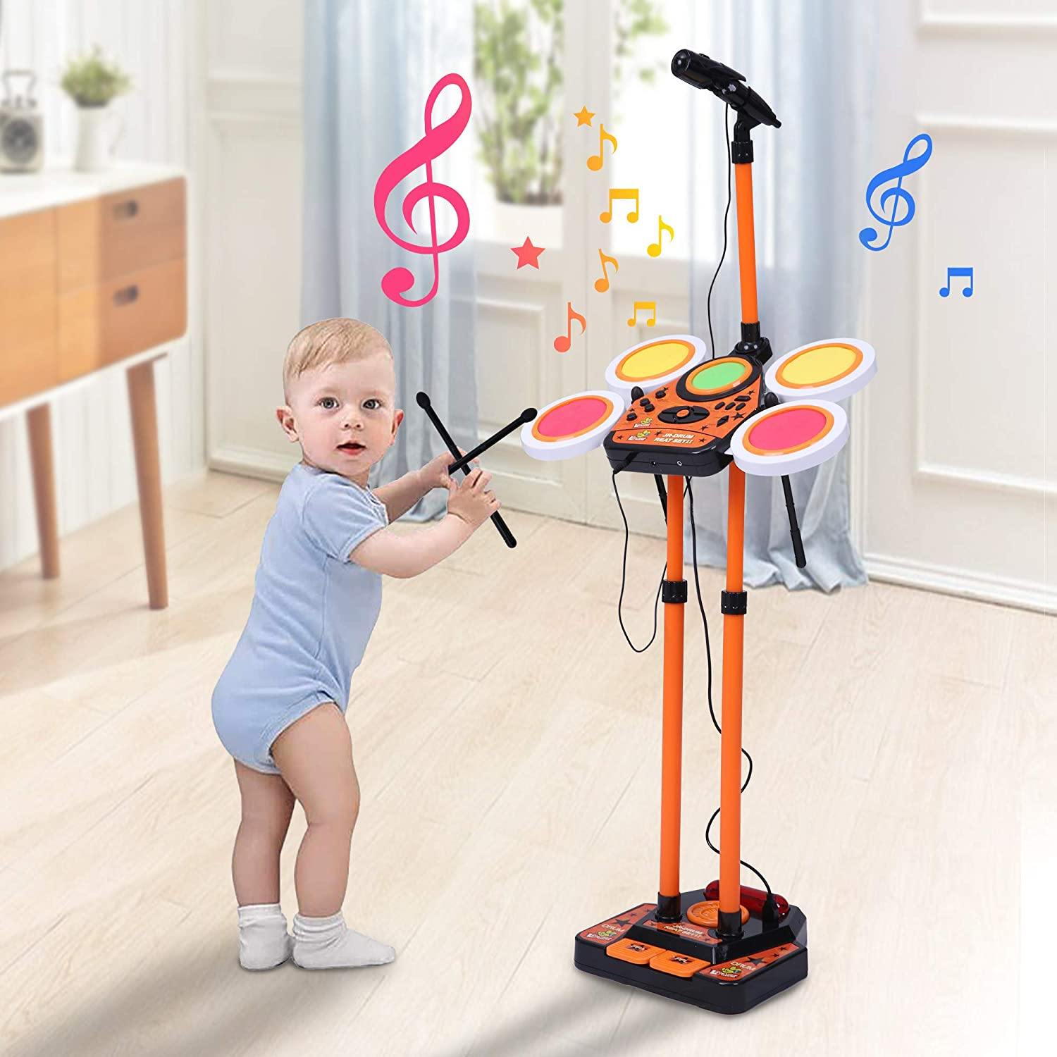 Kids Preschool Musical Toys Drum Set with Adjustable Microphone and Drum Sticks and Stand - Bosonshop