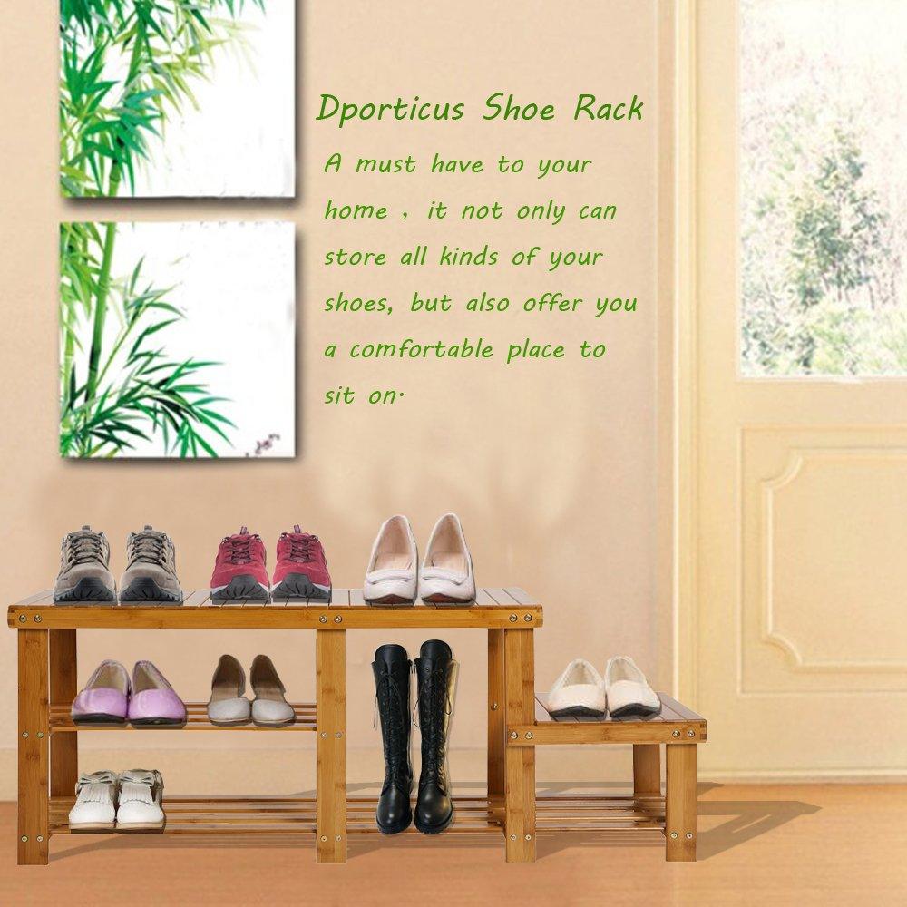 Bosonshop Natural Bamboo Shoe Bench 2-Tier Boot Storage Racks for Entryway Hallway