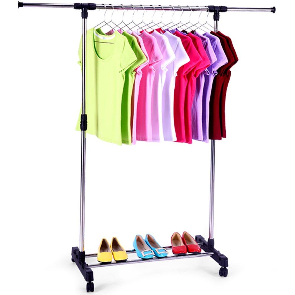 Bosonshop Portable Single Rod Extendable Clothes Rack Garment Rack -with Wheels Storage Shelves