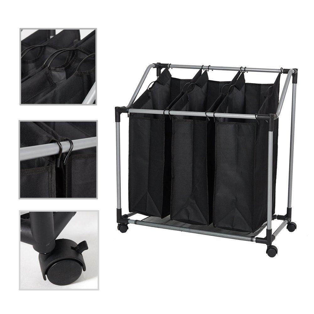 Bosonshop Heavy-Duty 3-Bag Rolling Laundry Sorter Storage Cart, Bag Laundry Organizer with Wheels（Black）