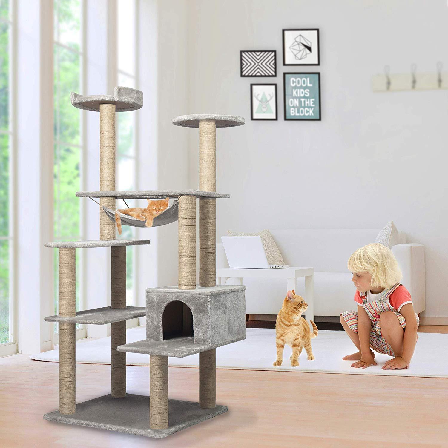 55.1" Multi-Scratcher Scratching Post Cat Tree – Grey - Bosonshop