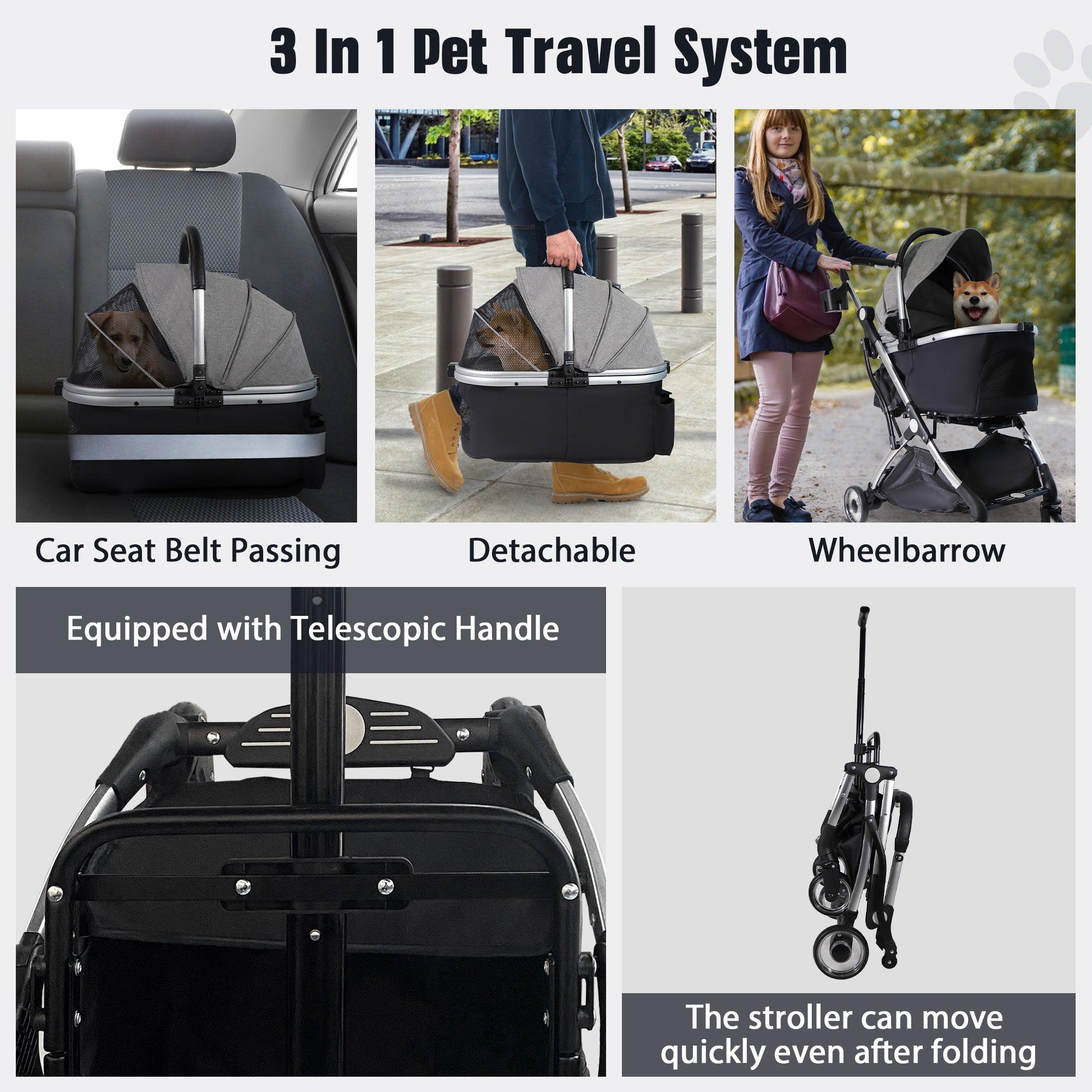 Foldable Pet Stroller 3 in 1 Design Detachable Carrier Telescopic Handle Aluminum Alloy Frame Up to 33 lbs Capacity Gray - Bosonshop