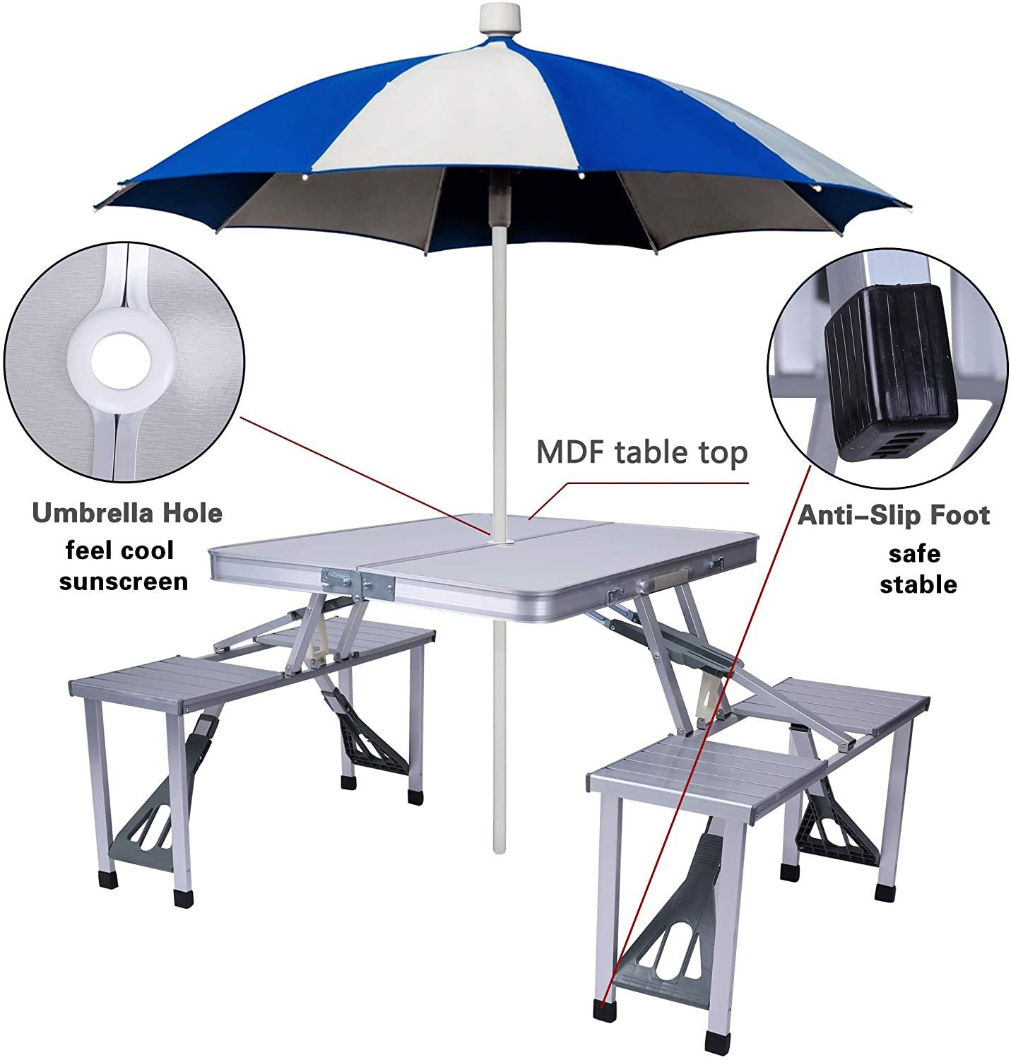 Picnic Table Portable Folding Camping Table Chair Set for Camping Hiking 4 Person Fold Up Travel Picnic Table with Seats Chairs and Umbrella Hole - Bosonshop