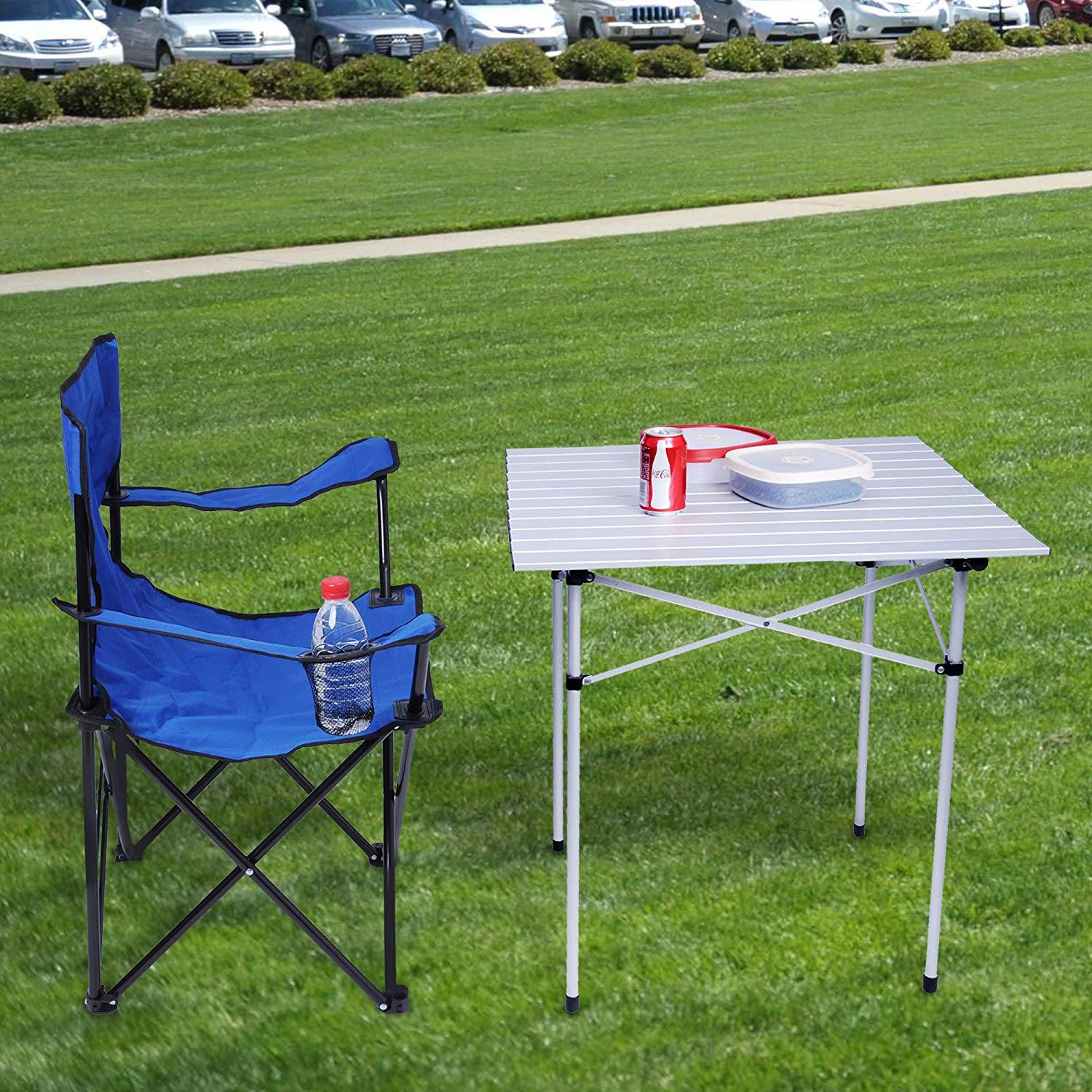 Portable Camping Chairs with Carry Bag and Cup Holder Folding Quad Chair Blue - Bosonshop