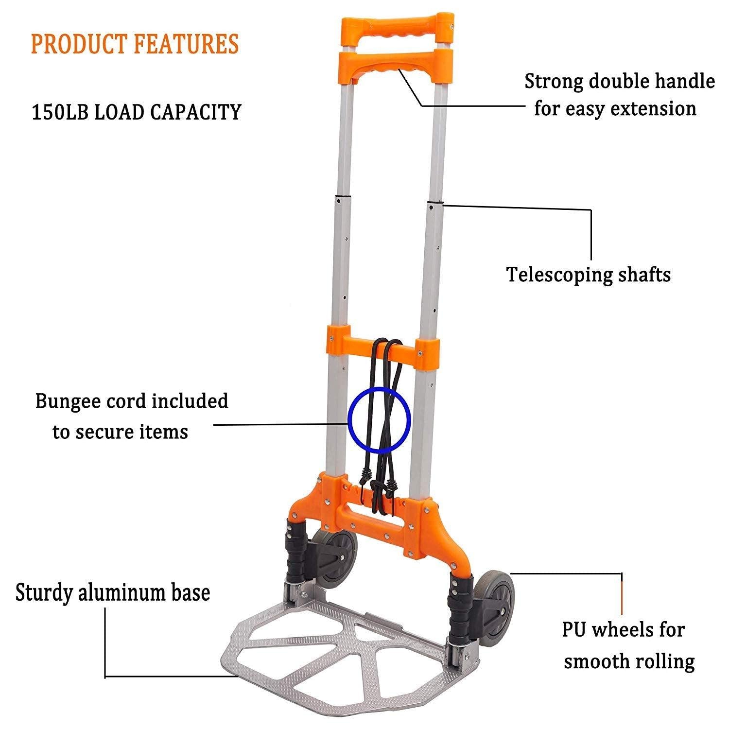 Bosonshop Folding Hand Truck Air Travel Baggage Cart Utility Carts Heavy Duty Dollies 150LB Orange