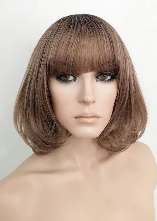 Brown With Dark Roots Straight Bob Synthetic Wig - Bosonshop