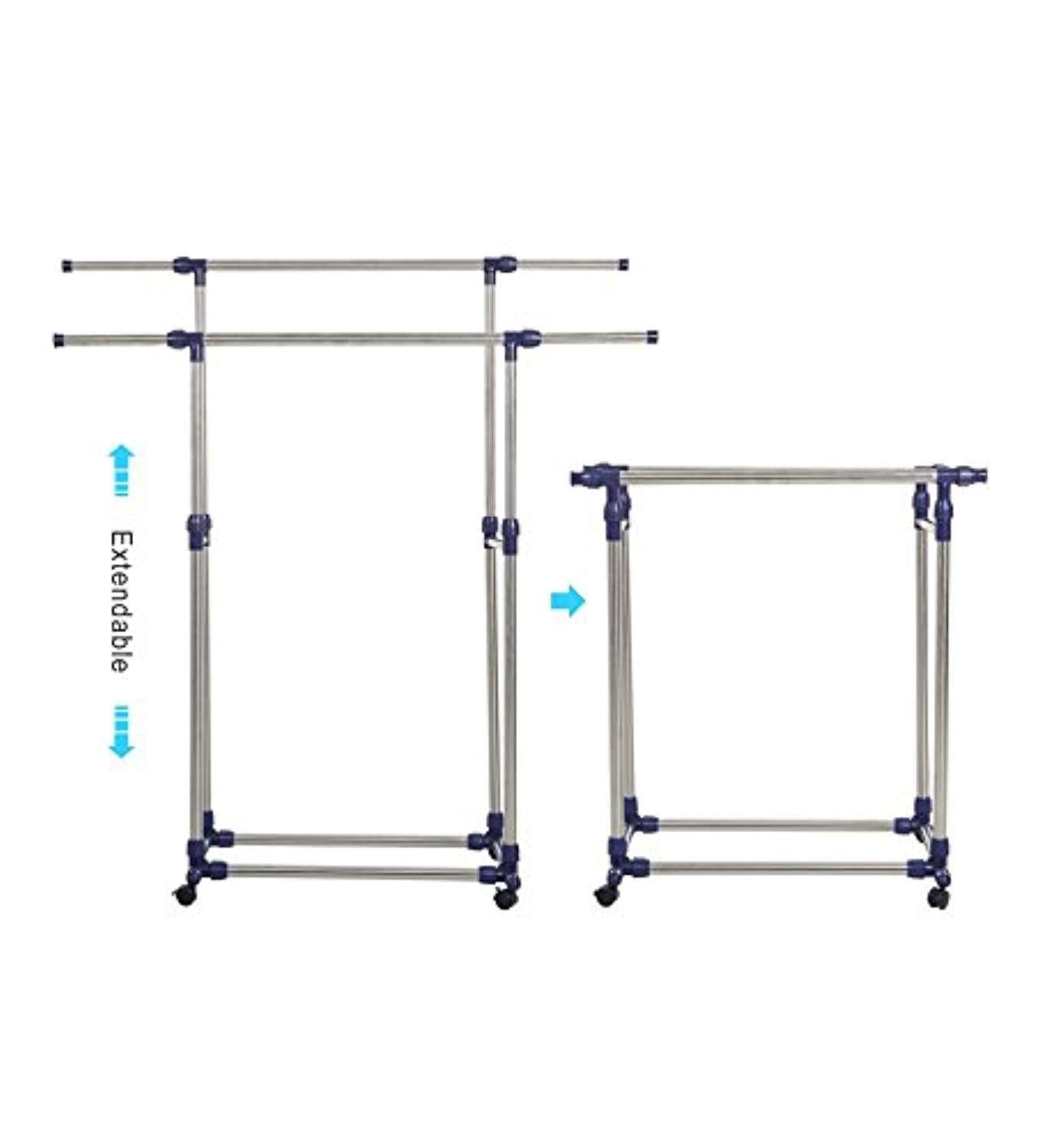 Bosonshop Adjustable Rolling Heavy Duty Garment Rack Double Rail Clothes Rack with Wheels