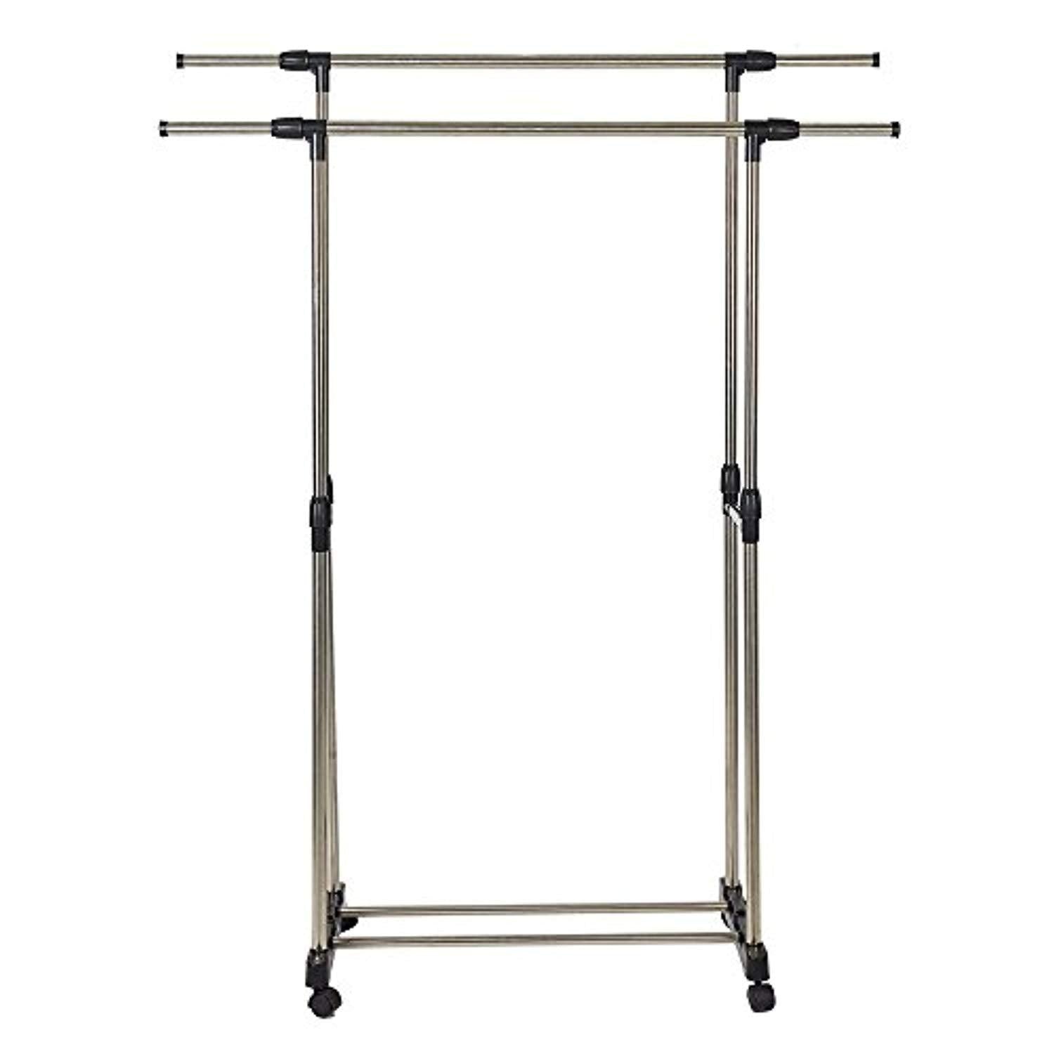 Bosonshop Adjustable Double Rail Heavy Duty Garment Rack Clothes Rack with Wheels Free Standing Black