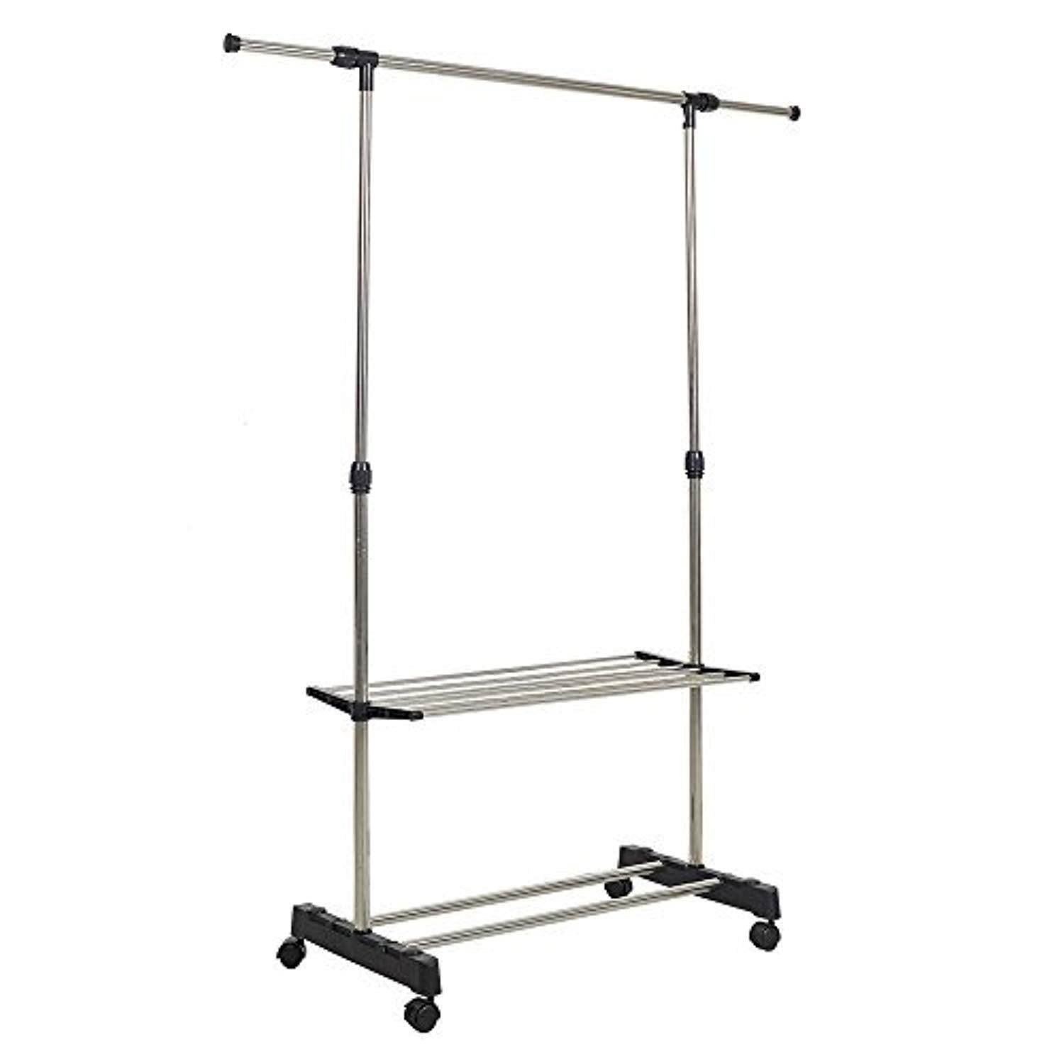 Bosonshop Clothes Rack Adjustabale Single Garment Rack With Shelves With Wheels Black