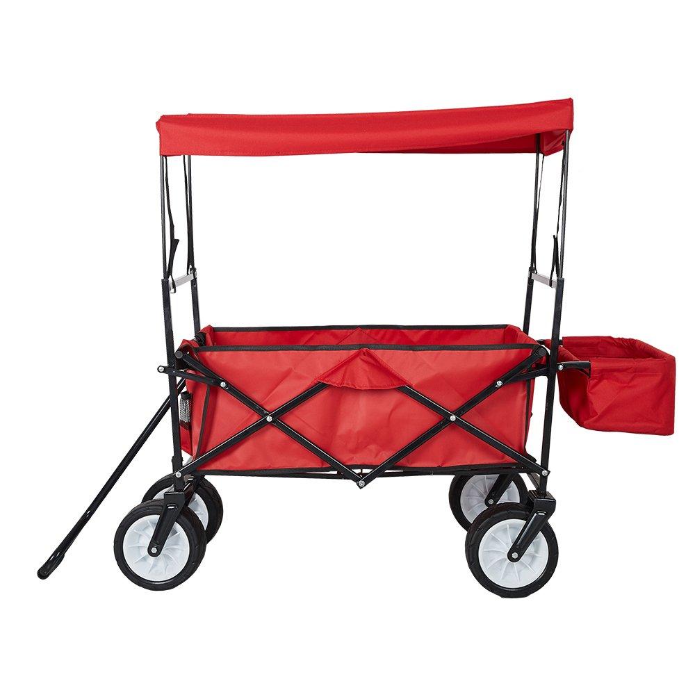 Bosonshop Outdoor Folding Wagon Collapsible Utility Cart with Removable Canopy and Storage Basket Red