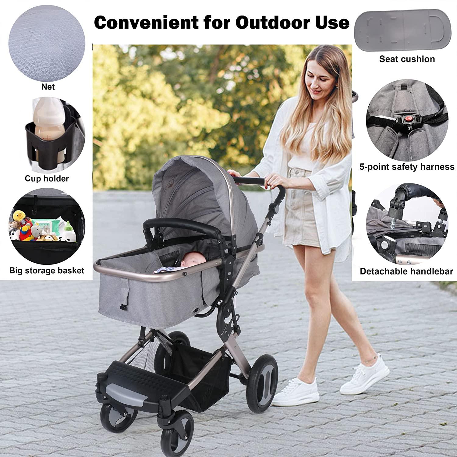 2 in 1 Convertible Baby Stroller for Newborn, Toddler - High Landscape Infant Carriage, Foldable Aluminum Alloy Pushchair, Grey - Bosonshop