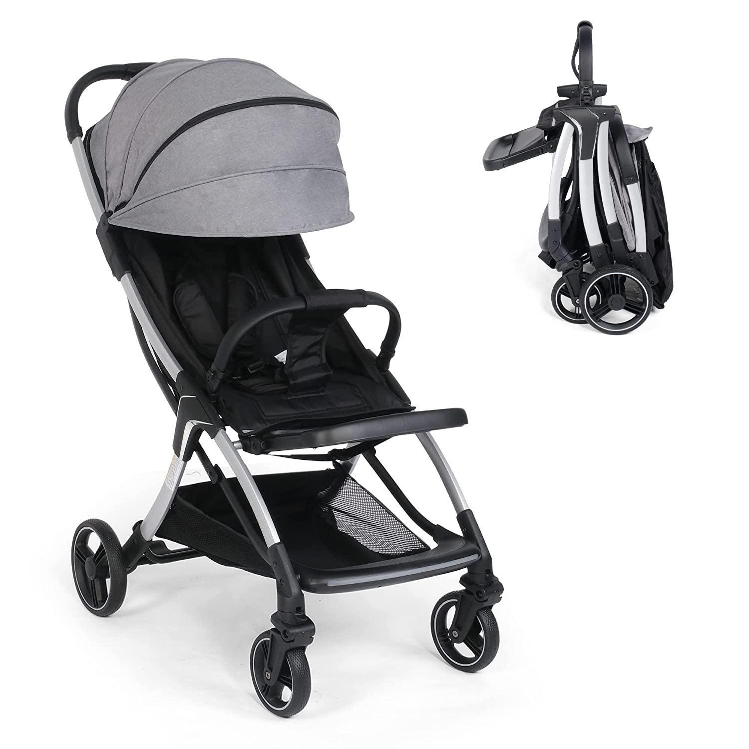 Lightweight Baby Stroller Compact Fold Travel Pushchair, with Adjustable Canopy & Backrest, Waterproof, 5-Point Safety Harness, Lights, Net, Grey - Bosonshop