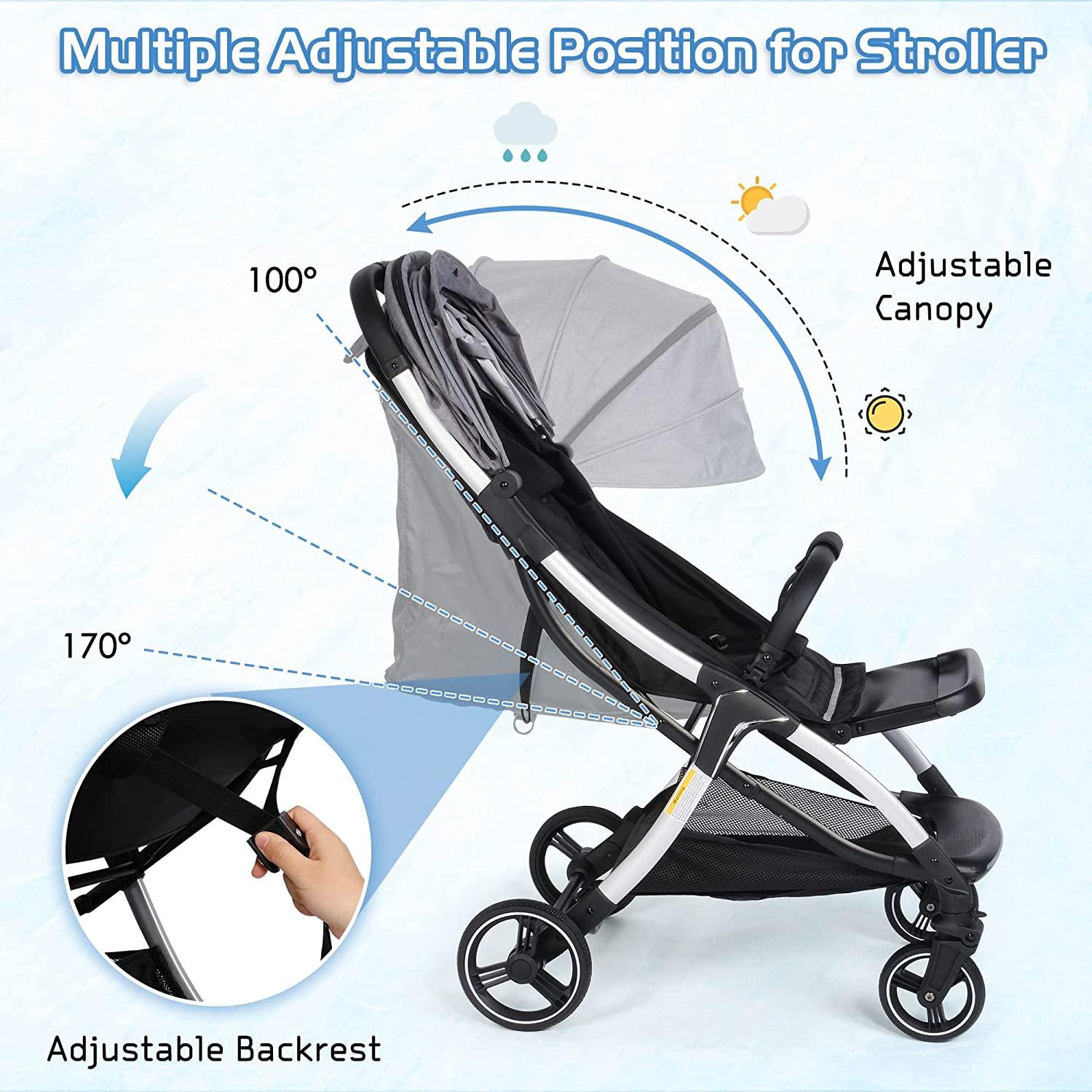 Lightweight Baby Stroller Compact Fold Travel Pushchair, with Adjustable Canopy & Backrest, Waterproof, 5-Point Safety Harness, Lights, Net, Grey - Bosonshop