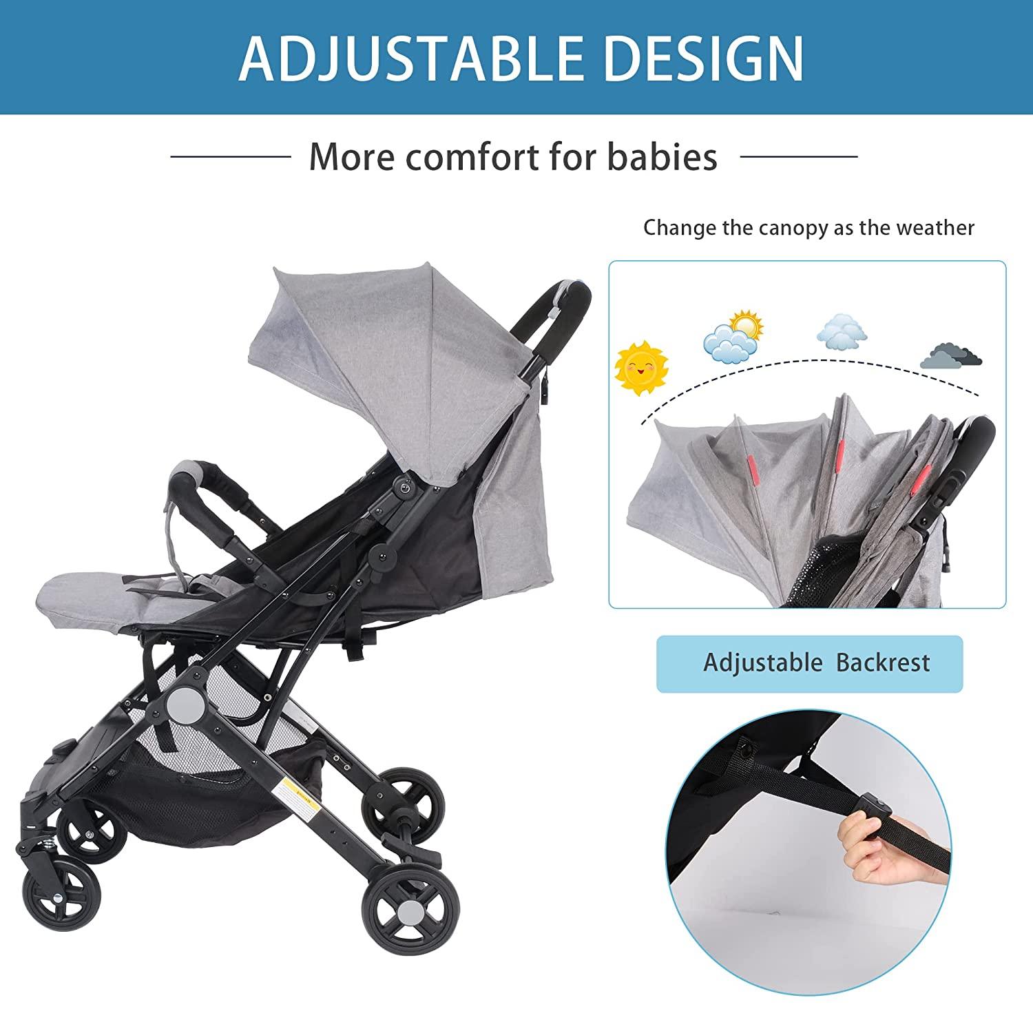 Foldable Compact Airplane Travel Strollers Lightweight Baby Stroller with One-Hand Fold Pushchair Adjustable Canopy and Backrest - Bosonshop