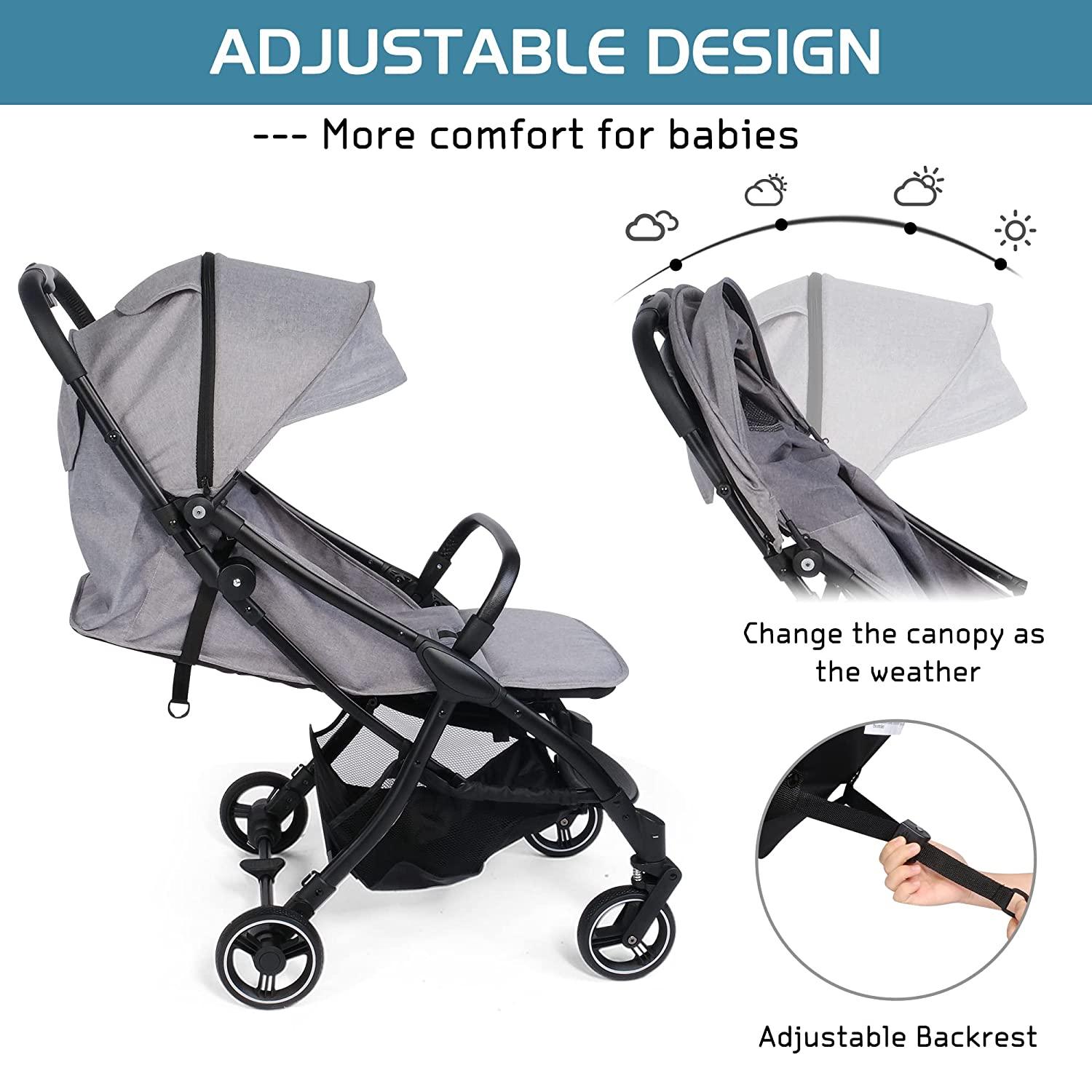 Baby Stroller All-Terrain Lightweight Foldable Compact Pushchair for Outdoor Travel - with Adjustable Canopy, Reclining Seat, Grey - Bosonshop