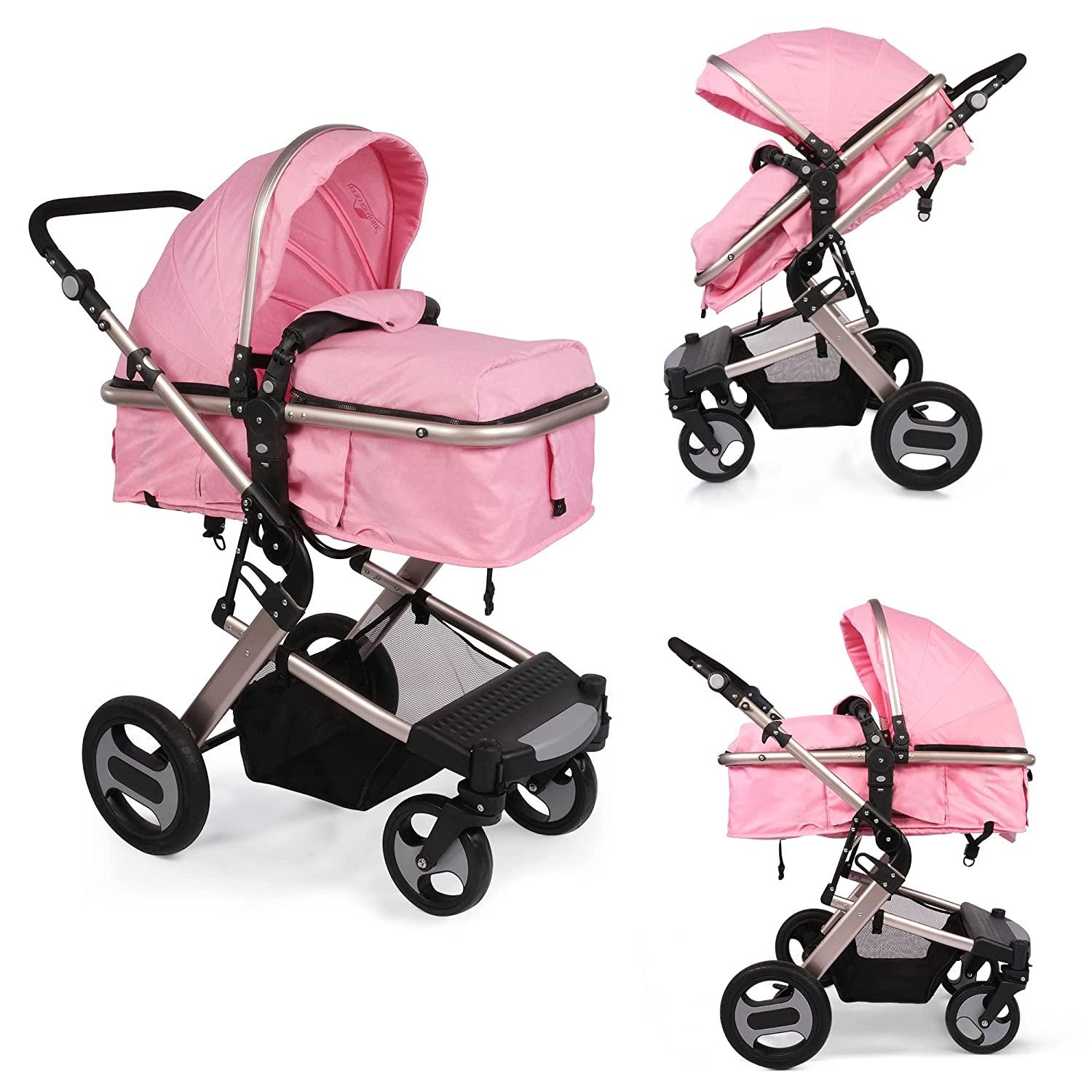 2 in 1 Convertible Baby Stroller for Newborn, Toddler - High Landscape Infant Carriage, Foldable Aluminum Alloy Pushchair, Pink - Bosonshop