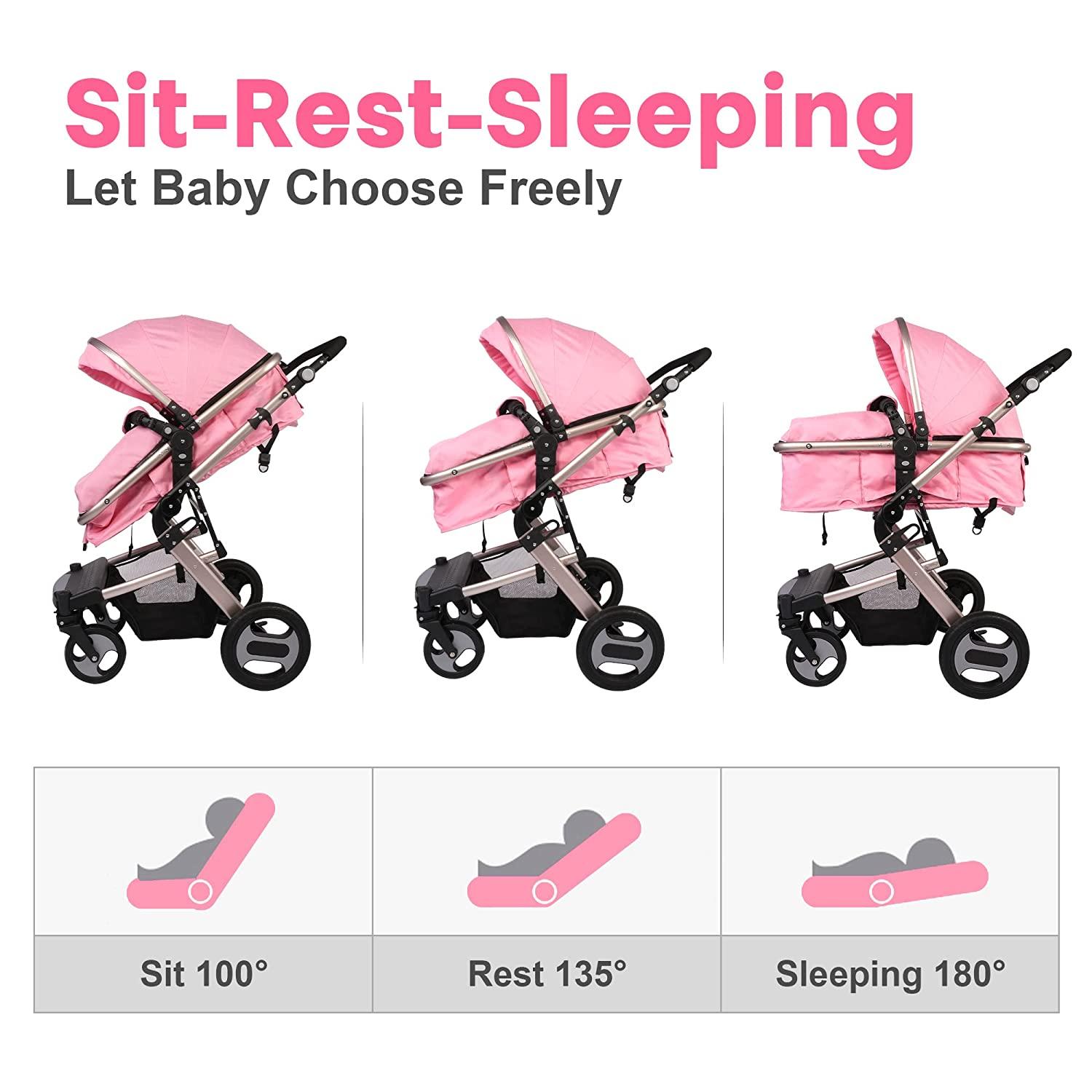 2 in 1 Convertible Baby Stroller for Newborn, Toddler - High Landscape Infant Carriage, Foldable Aluminum Alloy Pushchair, Pink - Bosonshop