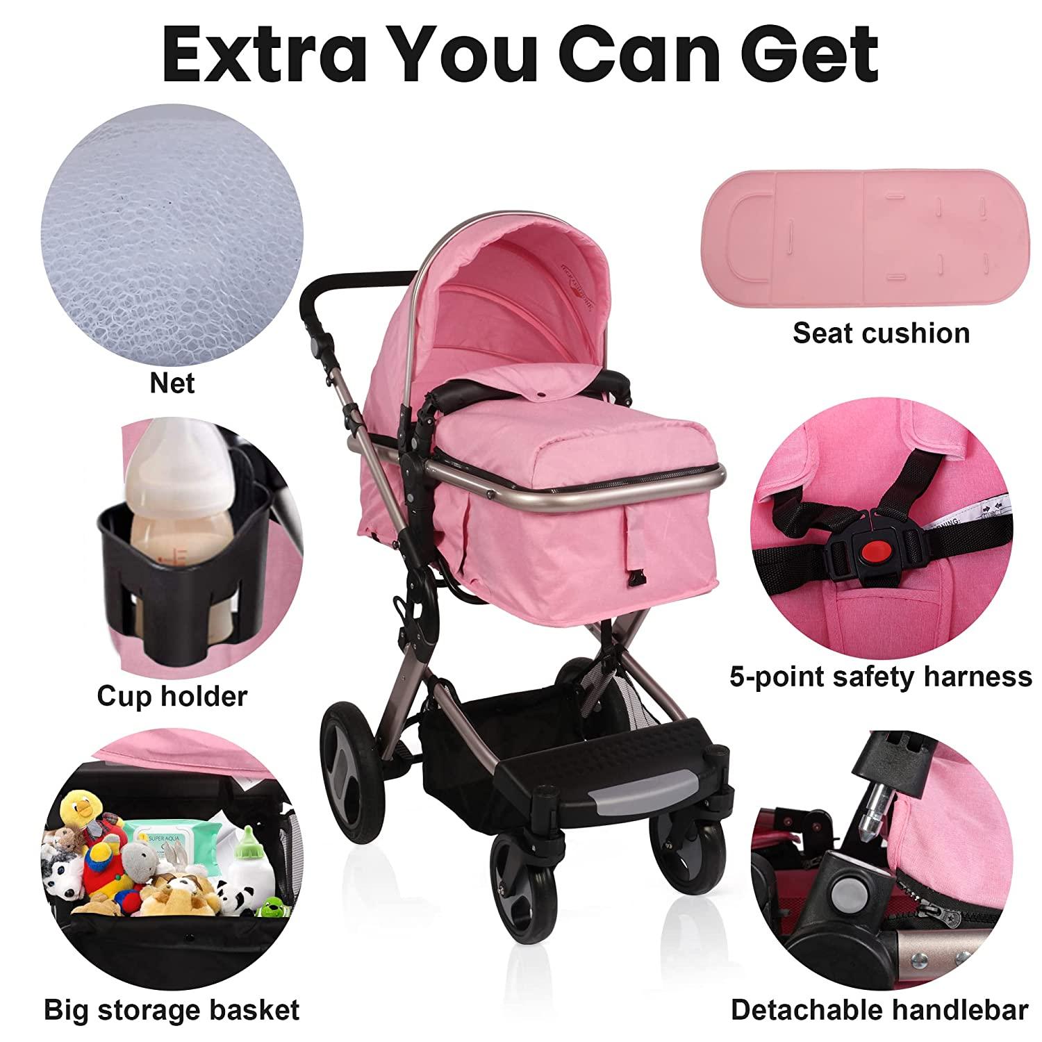 2 in 1 Convertible Baby Stroller for Newborn, Toddler - High Landscape Infant Carriage, Foldable Aluminum Alloy Pushchair, Pink - Bosonshop