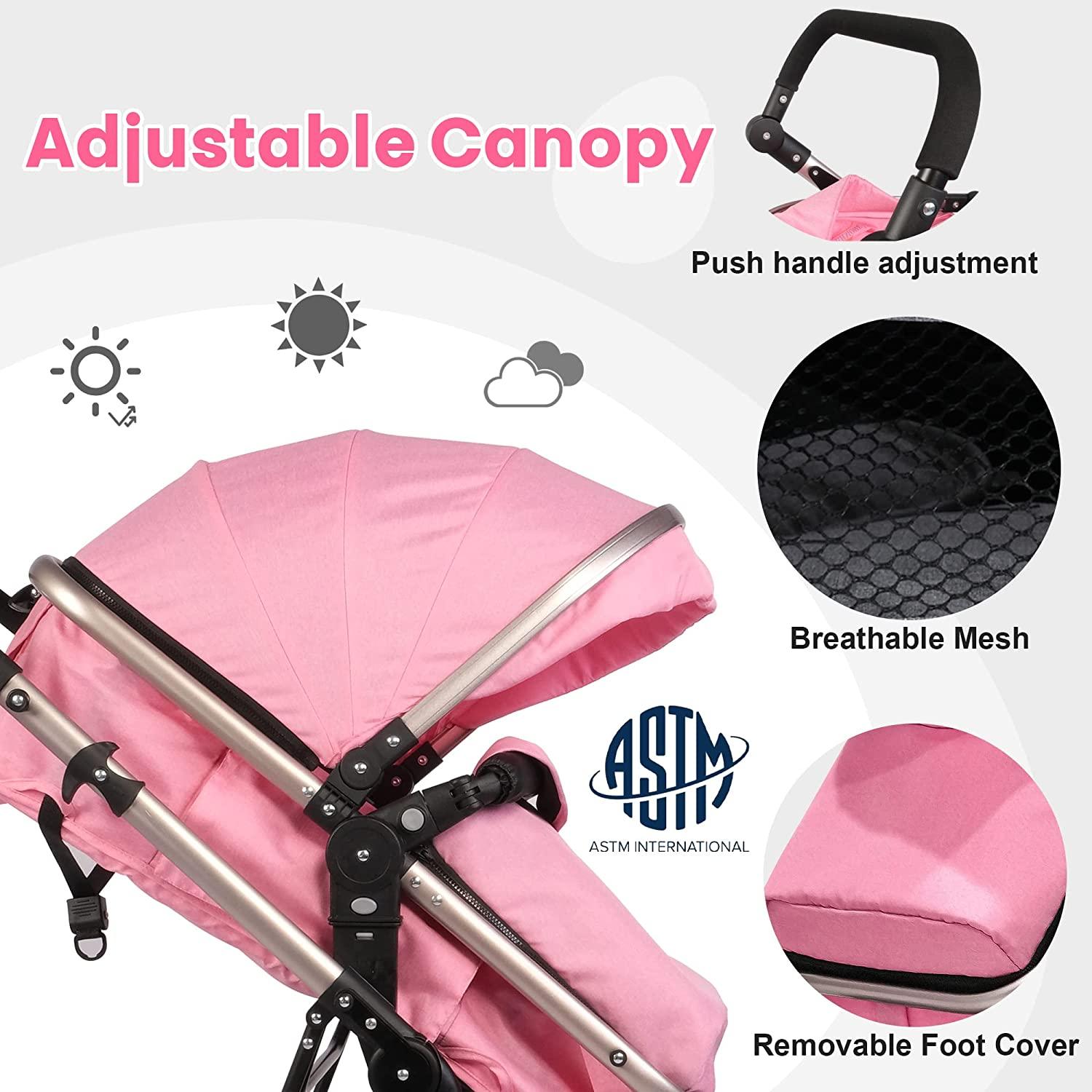 2 in 1 Convertible Baby Stroller for Newborn, Toddler - High Landscape Infant Carriage, Foldable Aluminum Alloy Pushchair, Pink - Bosonshop