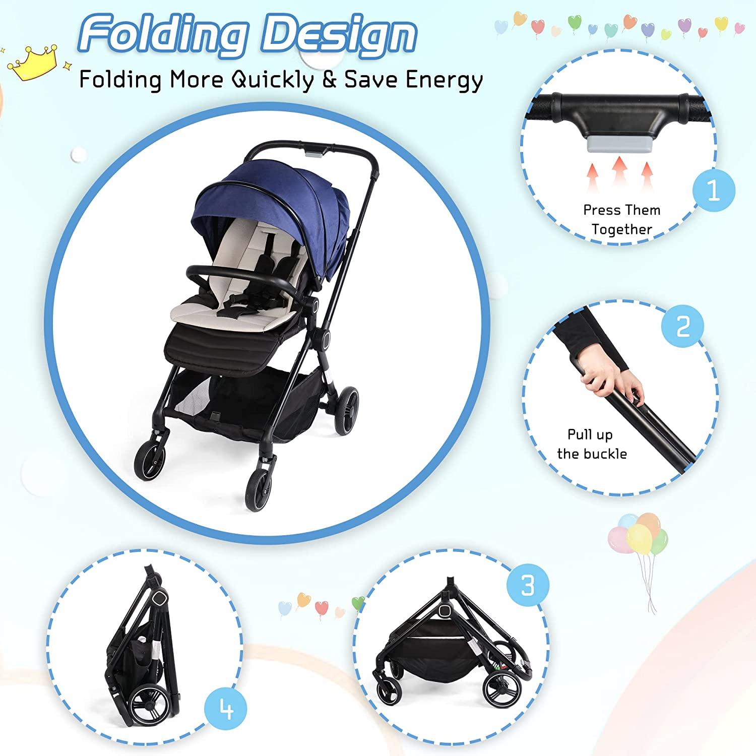 2 in 1 Convertible Baby Stroller Carriage Bassinet to Stroller Adjustable Footrest & Canopy, 5-Point Seat Belt, Lightweight Aluminum Frame, Blue - Bosonshop