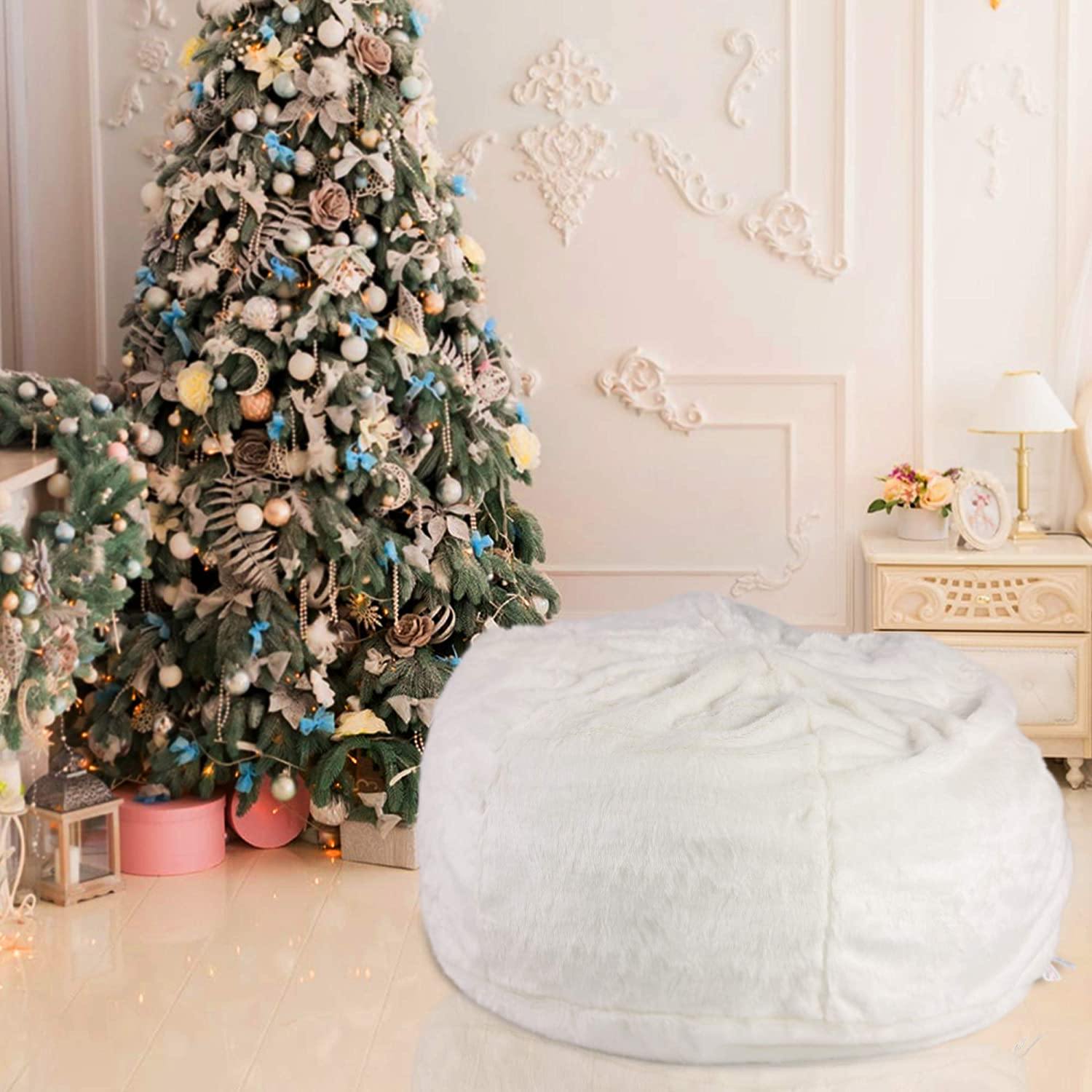 3FT Bean Bag Chair White Luxurious Furry Faux Fur Cover Soft Self-Inflated Beanbag Sofa Lounger for Adults Kids, Sponge Filling - Bosonshop