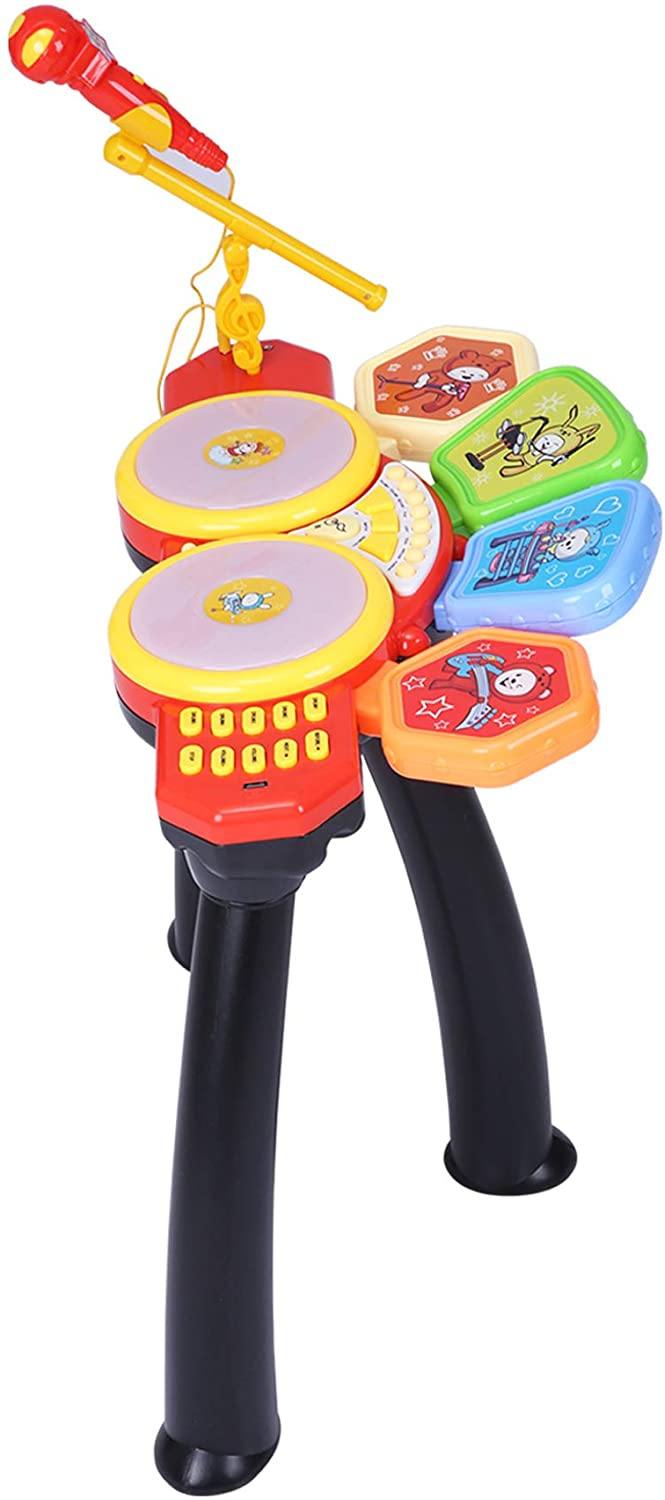 Kids Electronic Toy Drum Set with 1 Stool, Adjustable Microphone and Drum Sticks, Musical Instruments Playset Toys with Sounds and Lights - Bosonshop