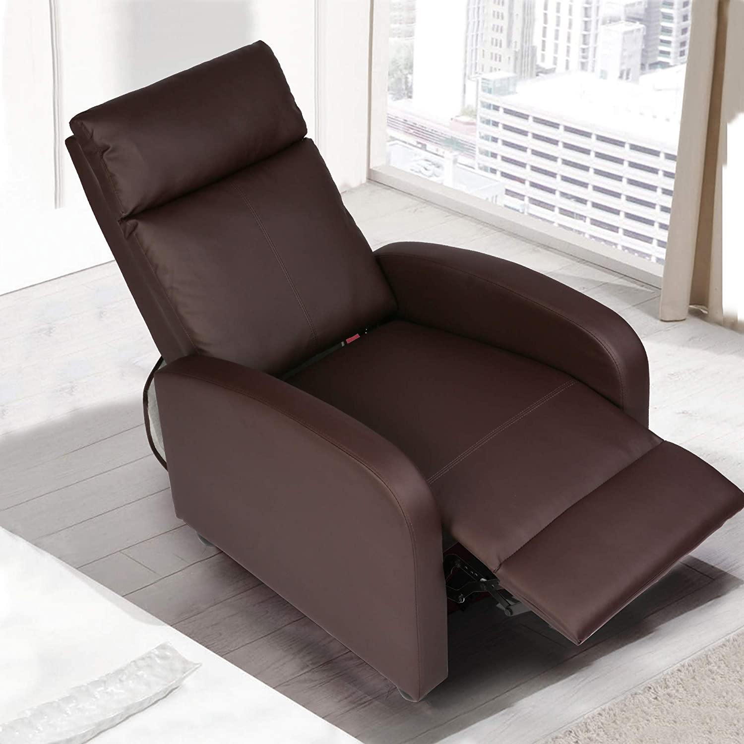 Recliner Chair PU Leather Single Sofa Adjustable Home Theater Seating Recliner Sofa for Living Room & Bedroom, Brown - Bosonshop