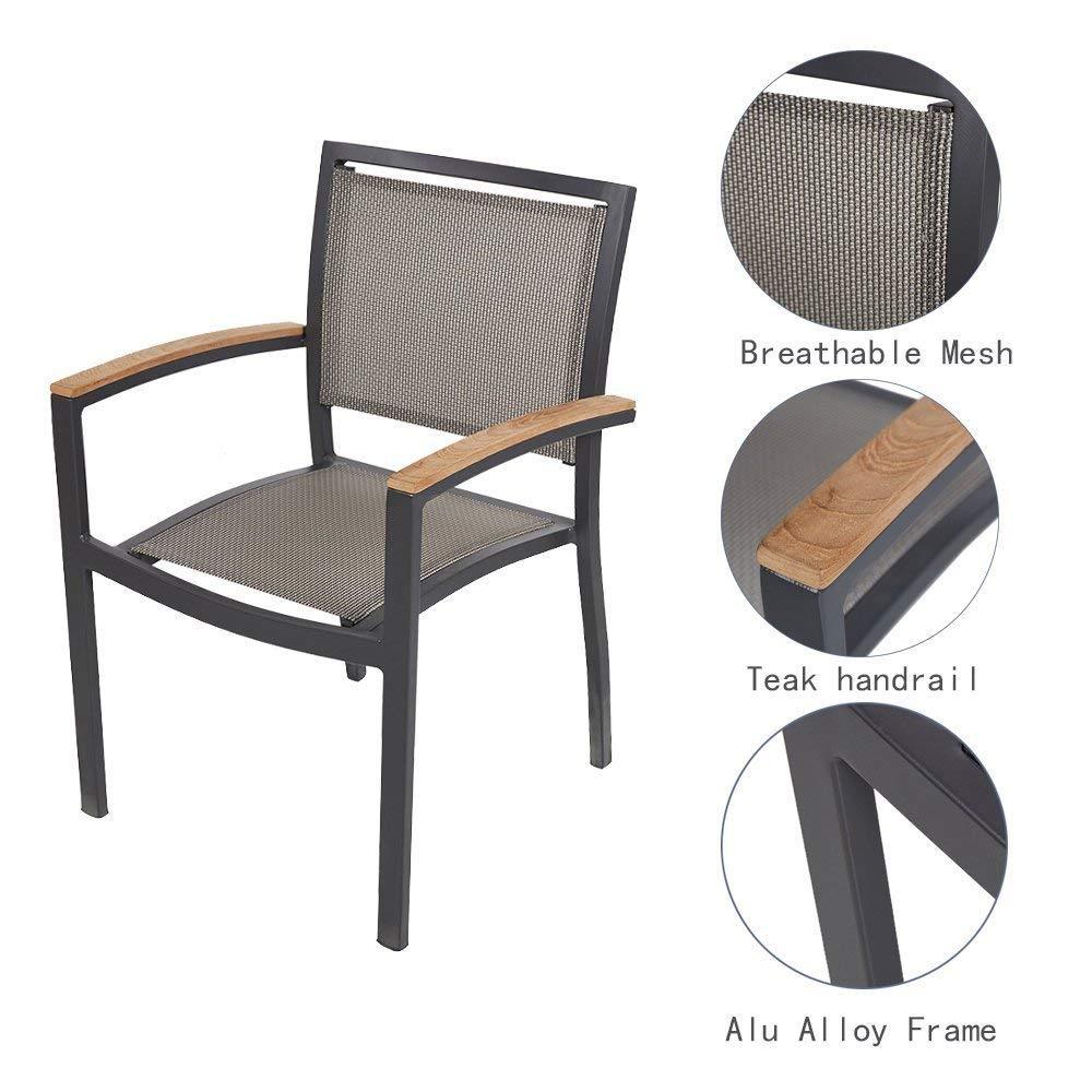 Bosonshop Outdoor Patio Dining Chairs with Teak Armrest,Textilene Mesh Fabric Aluminum Frame, Gray