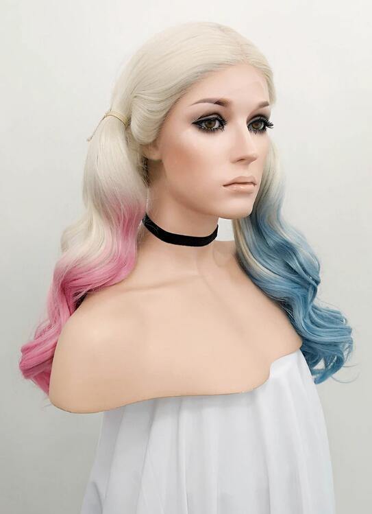 Wavy Blonde Harley Quinn Synthetic Pink Blue Ponytail Lace Front Wig - Bosonshop