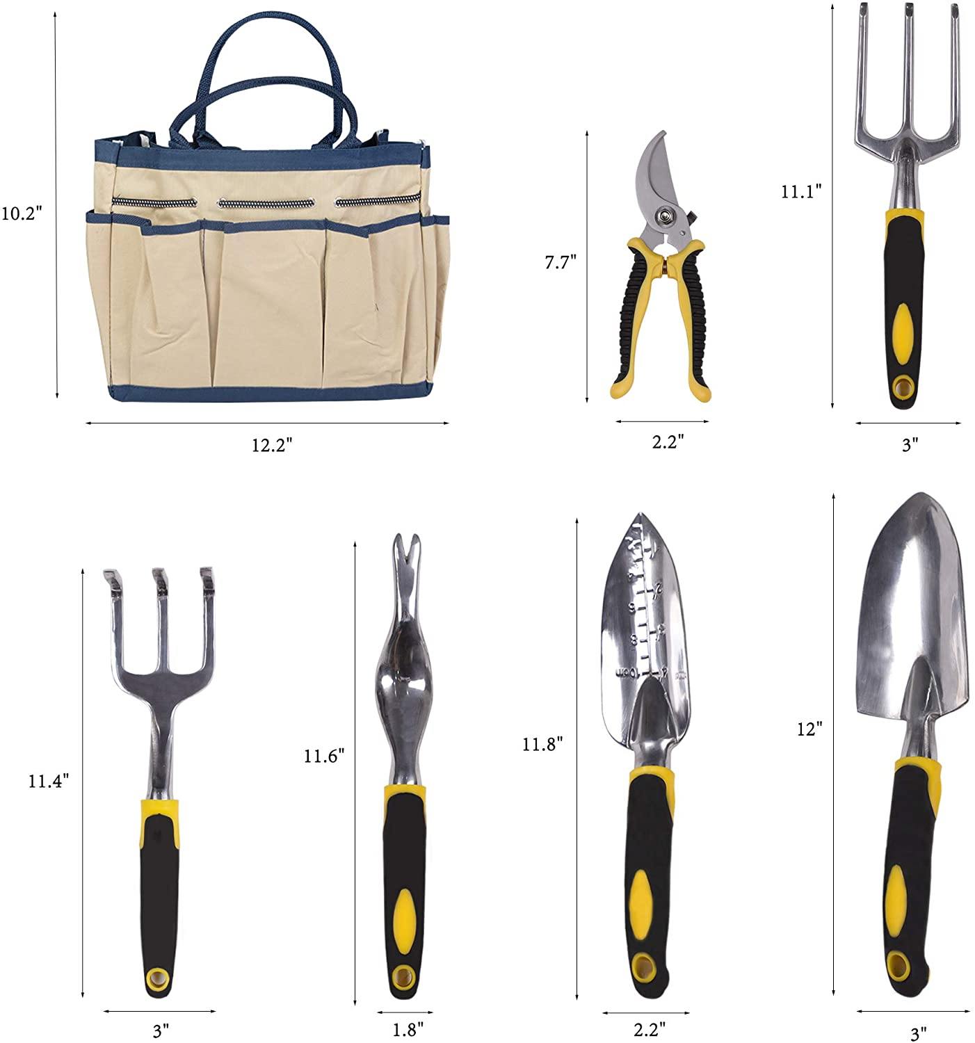 Garden Tool Set 7 Piece Manual Gardening Gifts Kit Planting Tools Anti-Rust Trowel Rake Pruner Non-Slip Handles Waterproof Storage Tote - Bosonshop