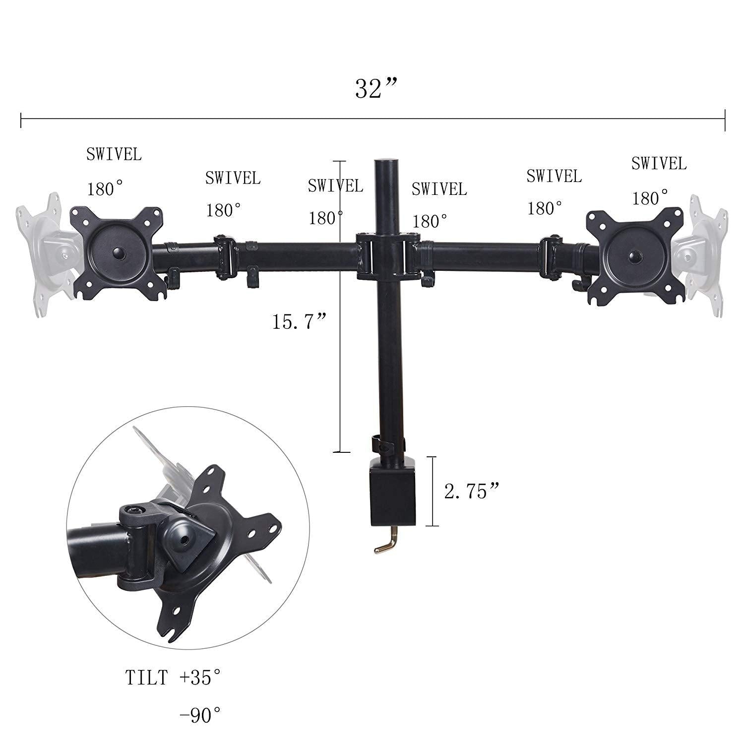 Bosonshop Dual Arm Adjustable Monitor Mount with Clamp for 2 LCD LED Computer Screen