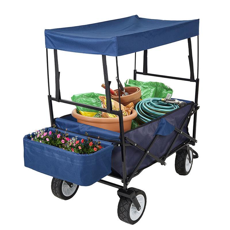 Outdoor Folding Wagon Collapsible Utility Cart with Removable Canopy and Storage Basket Blue - Bosonshop