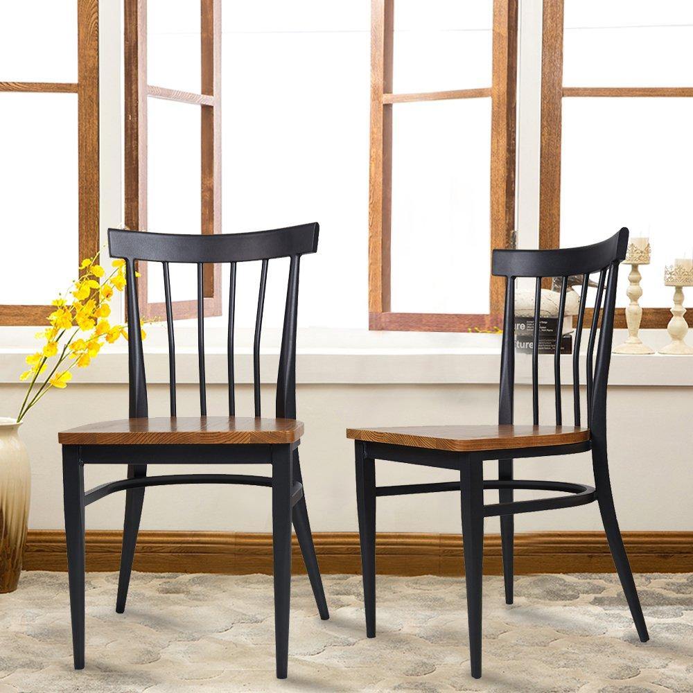 Bosonshop 2 Packs Slat Back Dining Chairs Metal Leg Side Chairs with Wood Seat, Black