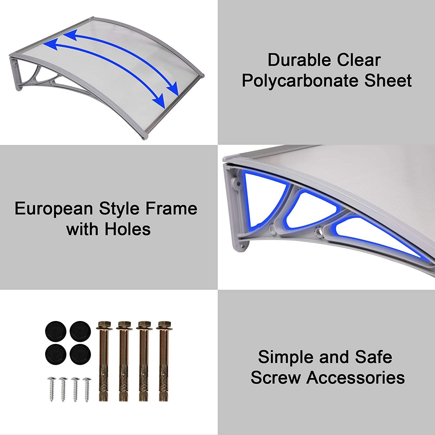 Clear 39.5 x 38 Inch Door Entry Awning Porch Window Outdoor Patio Sun Shade Shelter Polycarbonate Cover Waterproof & UV-Proof Suitable - Bosonshop