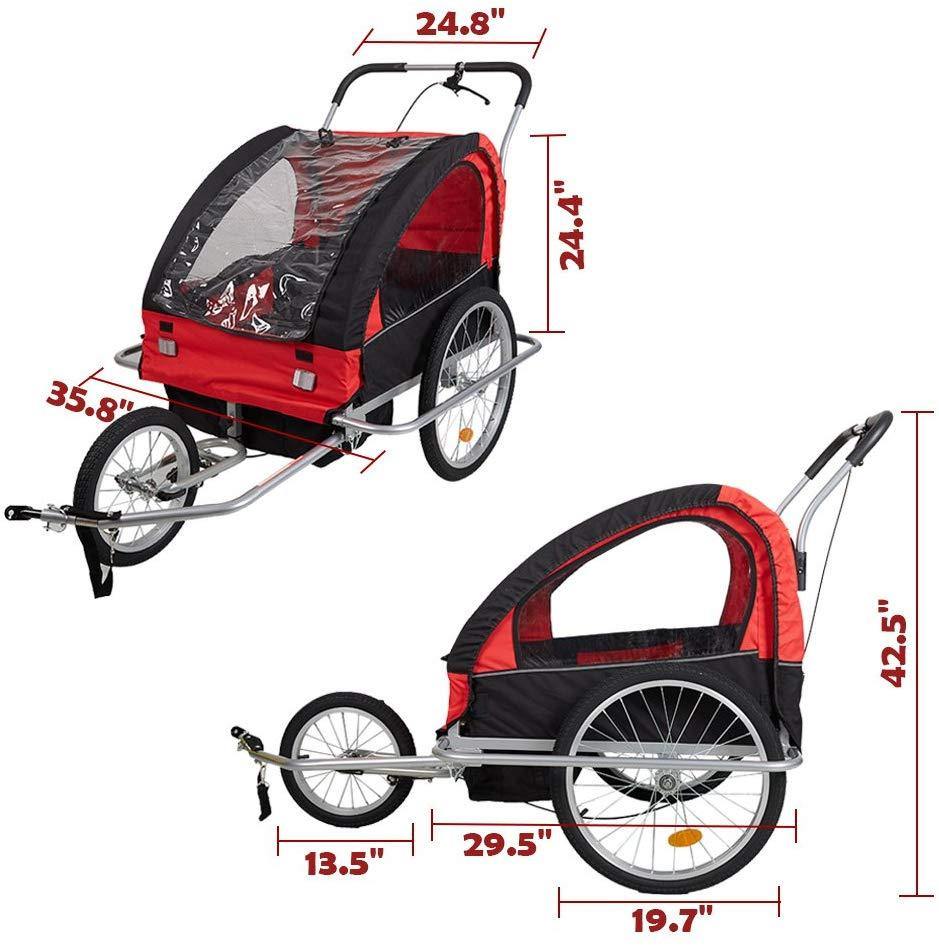 Double Child Kids Bike Trailer Bicycle Carrier 2-Seater Baby Stroller Jogger for Outdoor Travel Walking Cycling, 2-in-1, Red - Bosonshop