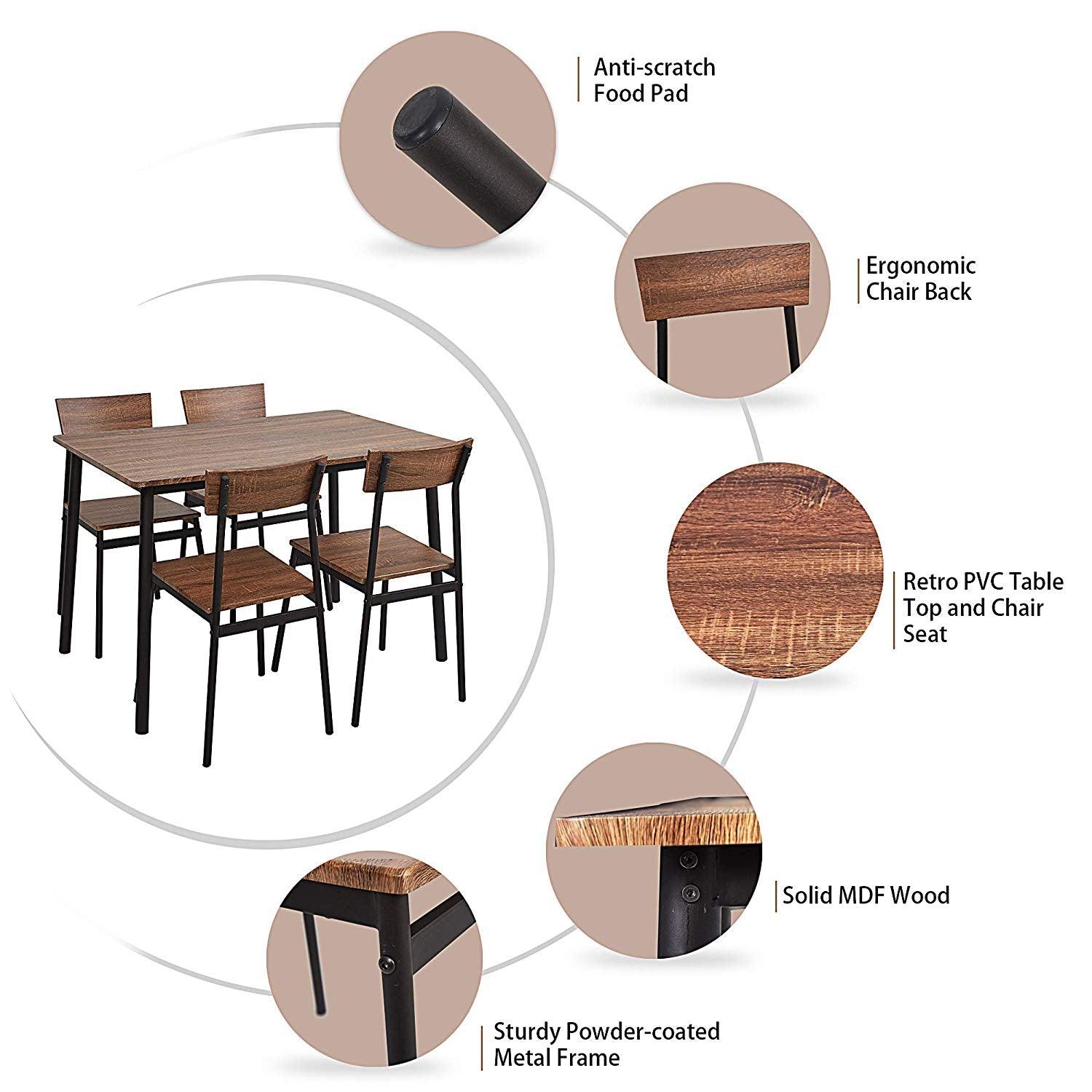 Bosonshop 5 Piece Wood Dining Table Set with Metal Legs, Retro Brown