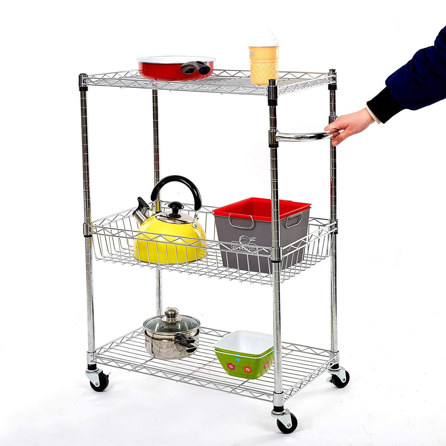 Bosonshop 3 Tier Wire Rolling Cart,Kitchen and Microwave Cart with Basket,Chrome Finish