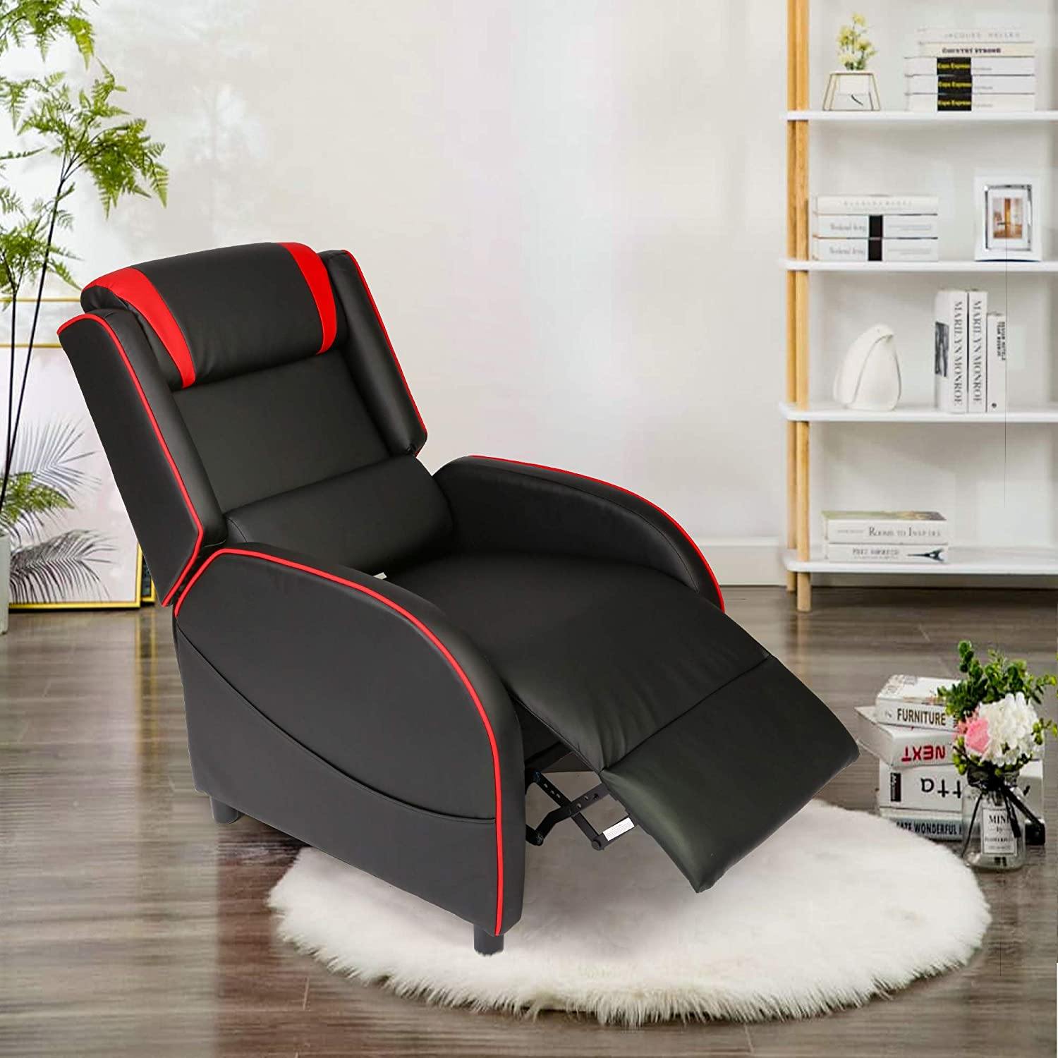 Racing Recliner Chair PU Leather Single Sofa Adjustable Gaming Style Seating Recliner Sofa Living Room Recliner, Red - Bosonshop