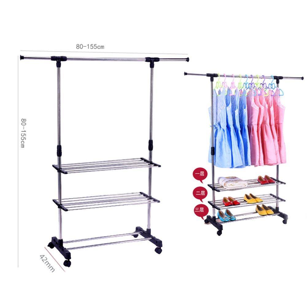 Bosonshop Portable Single Rod Extendable Clothes Rack Adjustable Garment Rack with Wheels 3 Tiers Storage Shelves