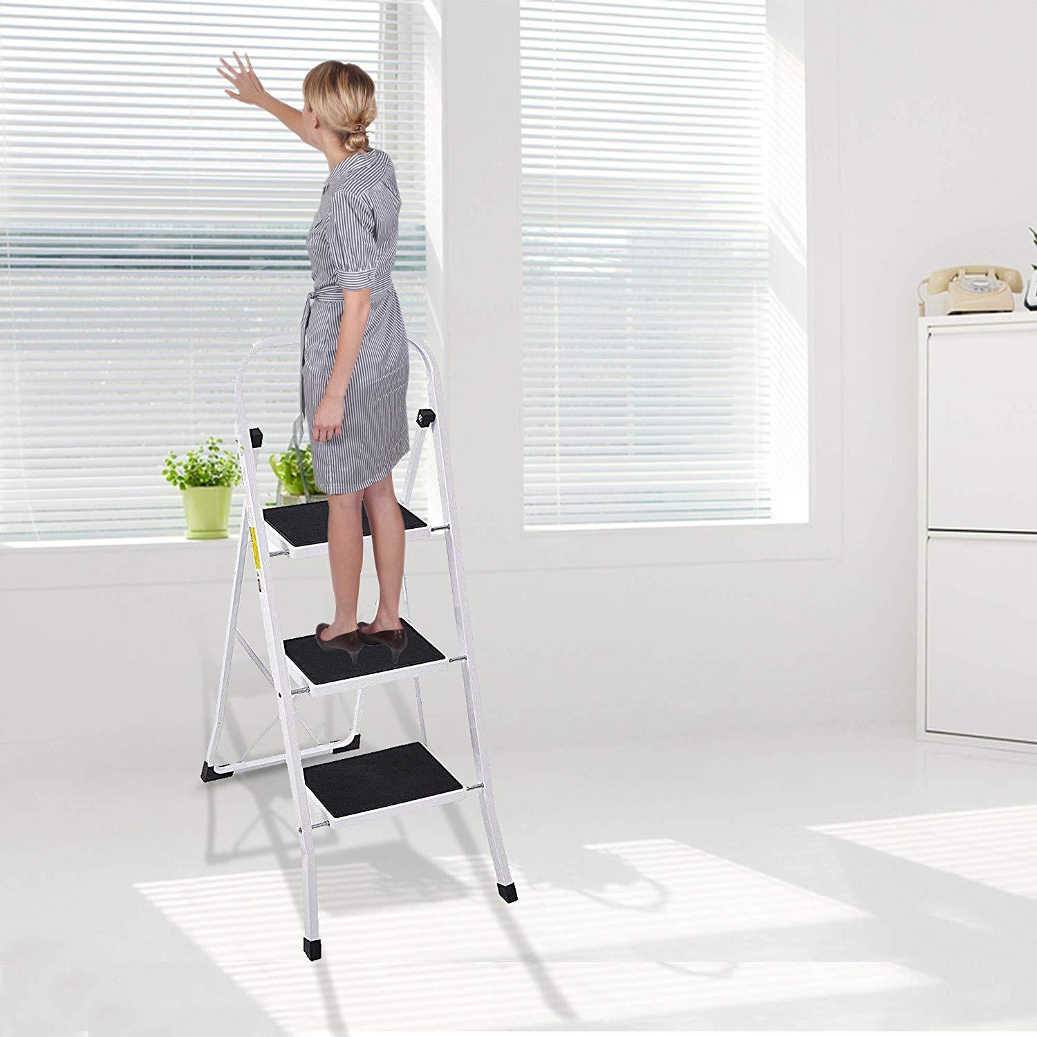 Bosonshop Folding Compact Portable 3 Step Ladder 330 lb Capacity, White