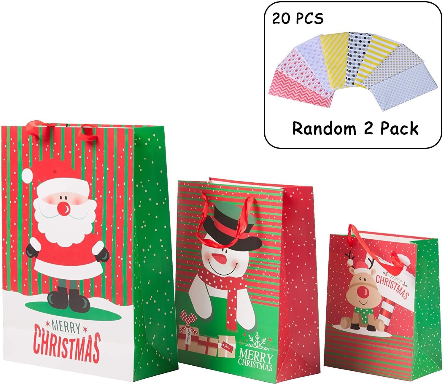 12 Pack Assorted Christmas Gift Bags with Small Medium Large Size, 4 Xmas Pattern Holiday Gift Bags with Tissue Paper, Bright - Bosonshop