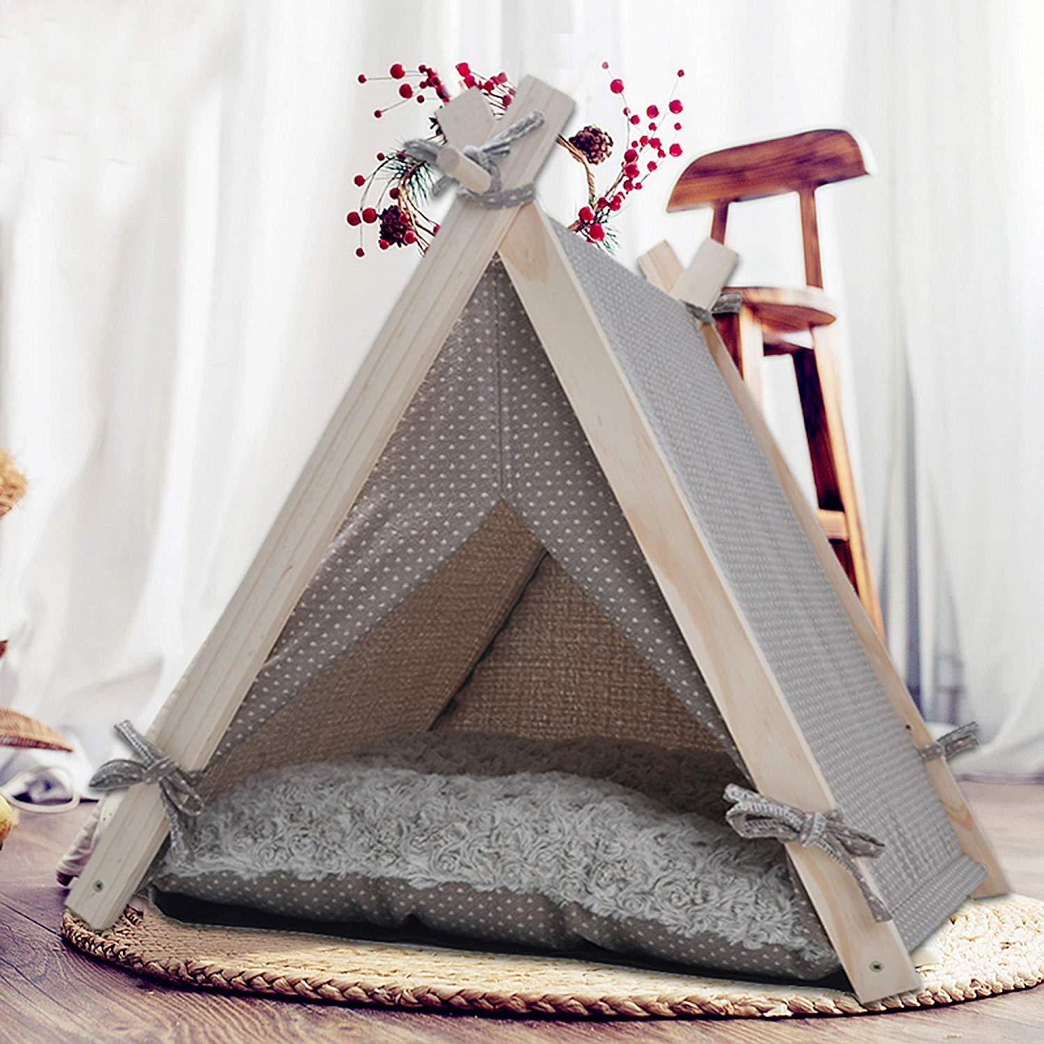 Bosonshop Pet Teepee Tent Dog & Cat Tent Bed Small Washable with Soft Bed Padding for Kitty Puppy Small Dog