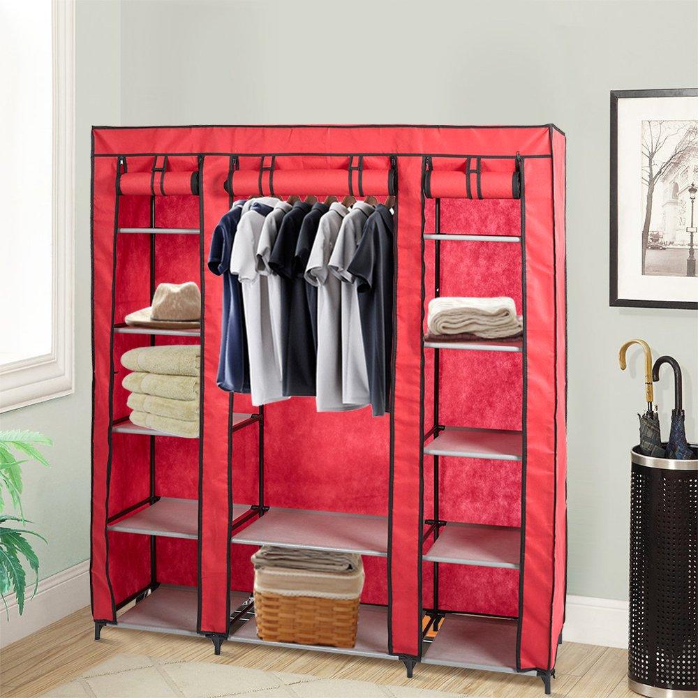 Bosonshop 59" Clothes Closet Portable Storage Organizer with Hanging Rod, Nonwoven Fabric, 12 Storage Shelves-Red