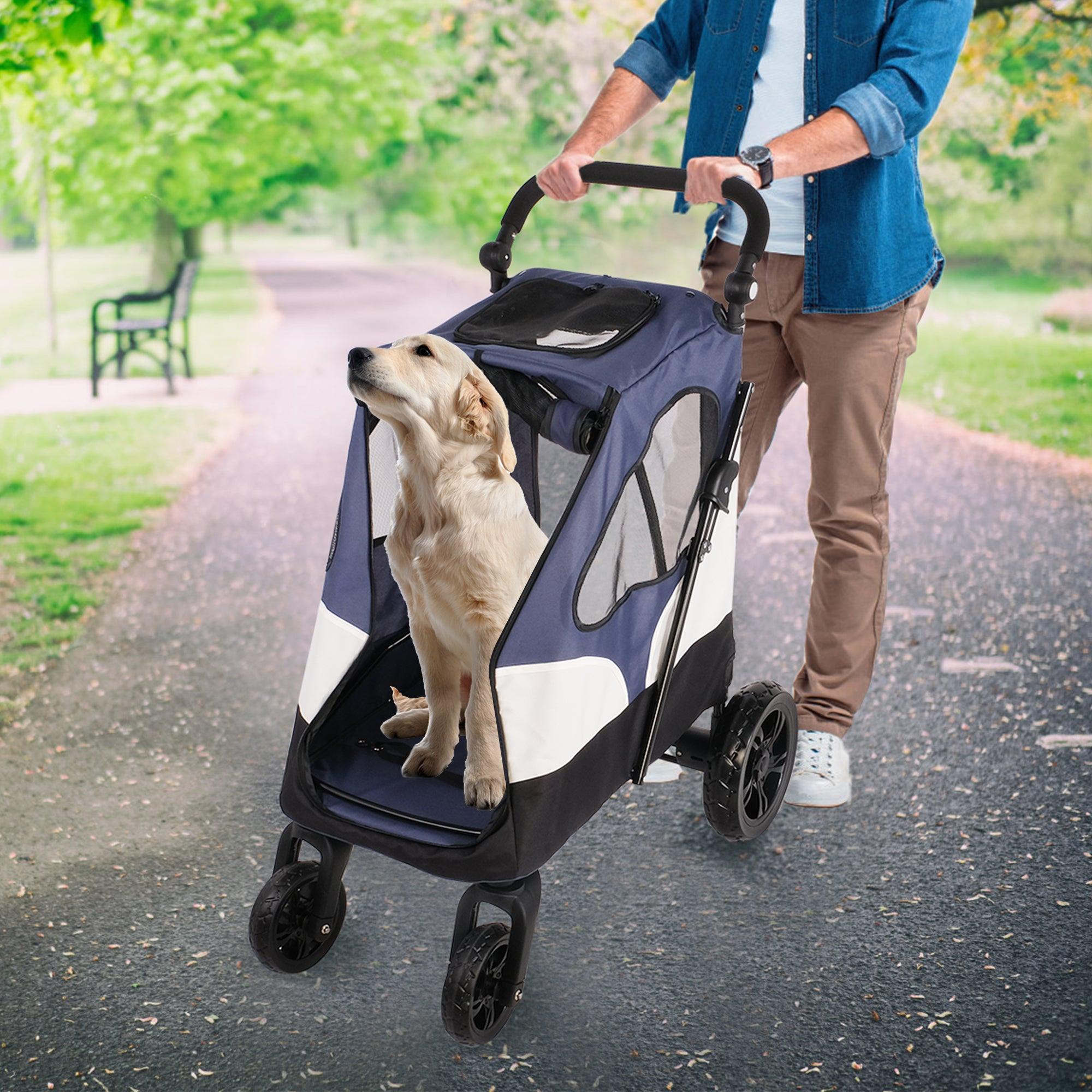 Foldable Travel Dog Stroller Pet Gear Stroller with Adjustable Handle & Mesh Window, Blue - Bosonshop