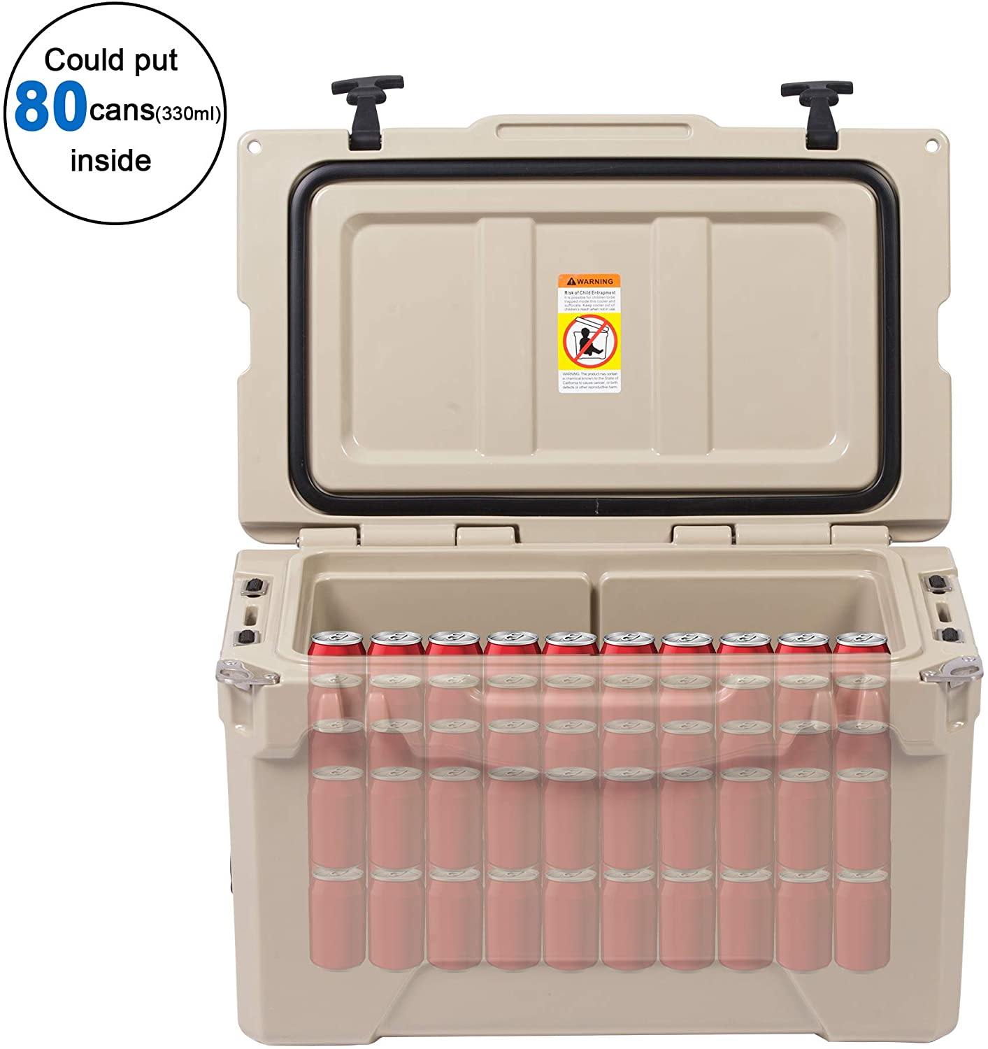 Rotomolded Cooler, 50QT Tan Cooler with Built-in Cup Holder, Bottle Openers, and Fish Ruler - Bosonshop