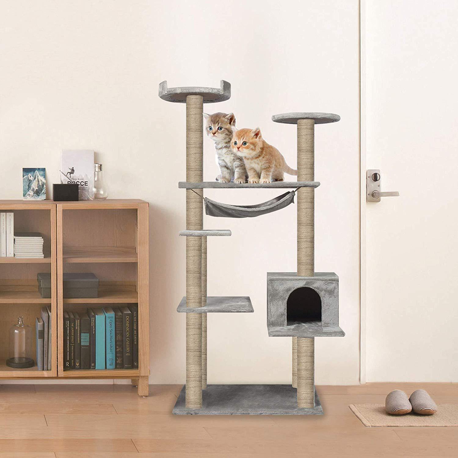 55.1" Multi-Scratcher Scratching Post Cat Tree – Grey - Bosonshop