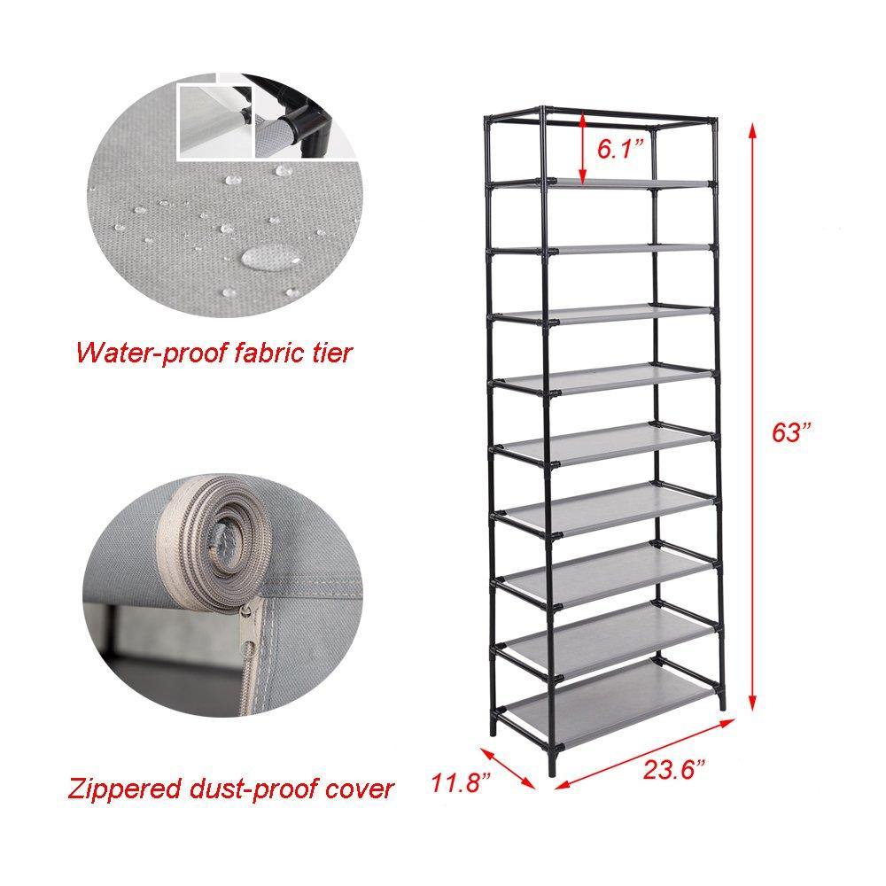 Bosonshop 10 Tiers Shoe Rack with Dustproof Cover Shoes Storage Cabinet Boot Organizer Gray